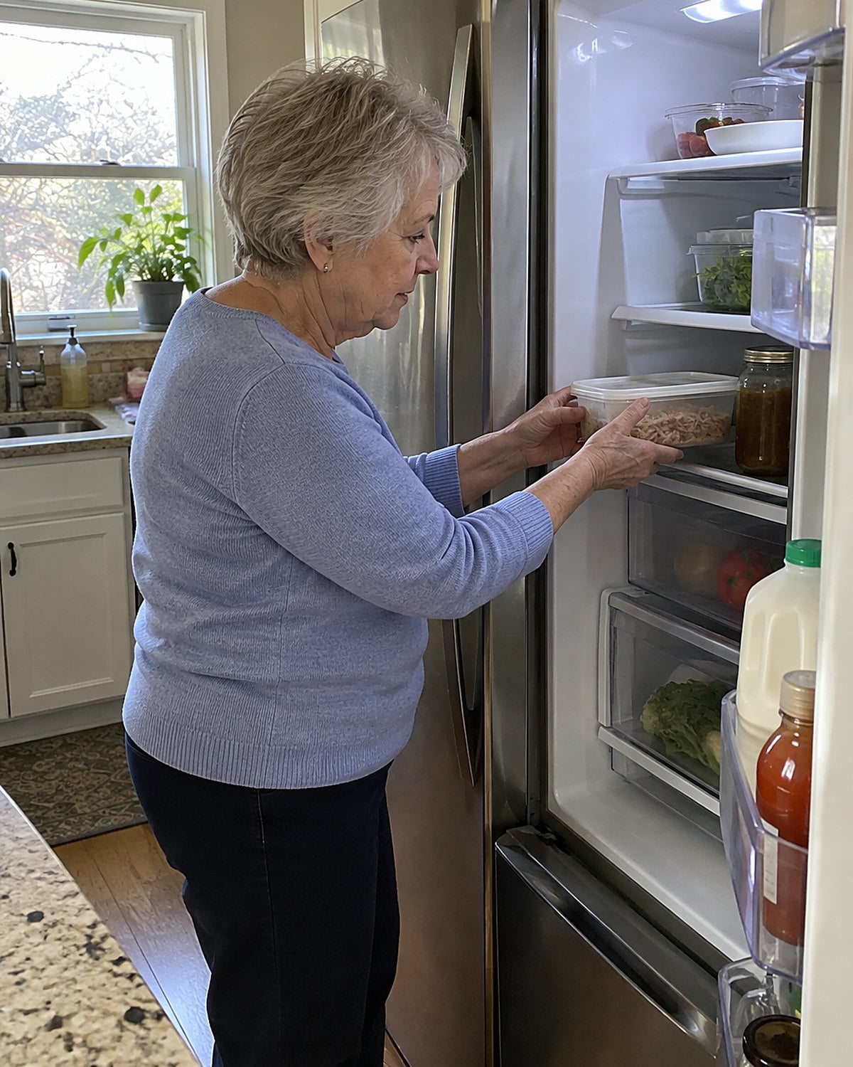 A hand places a lidded container of cooked meat on a fridge shelf.