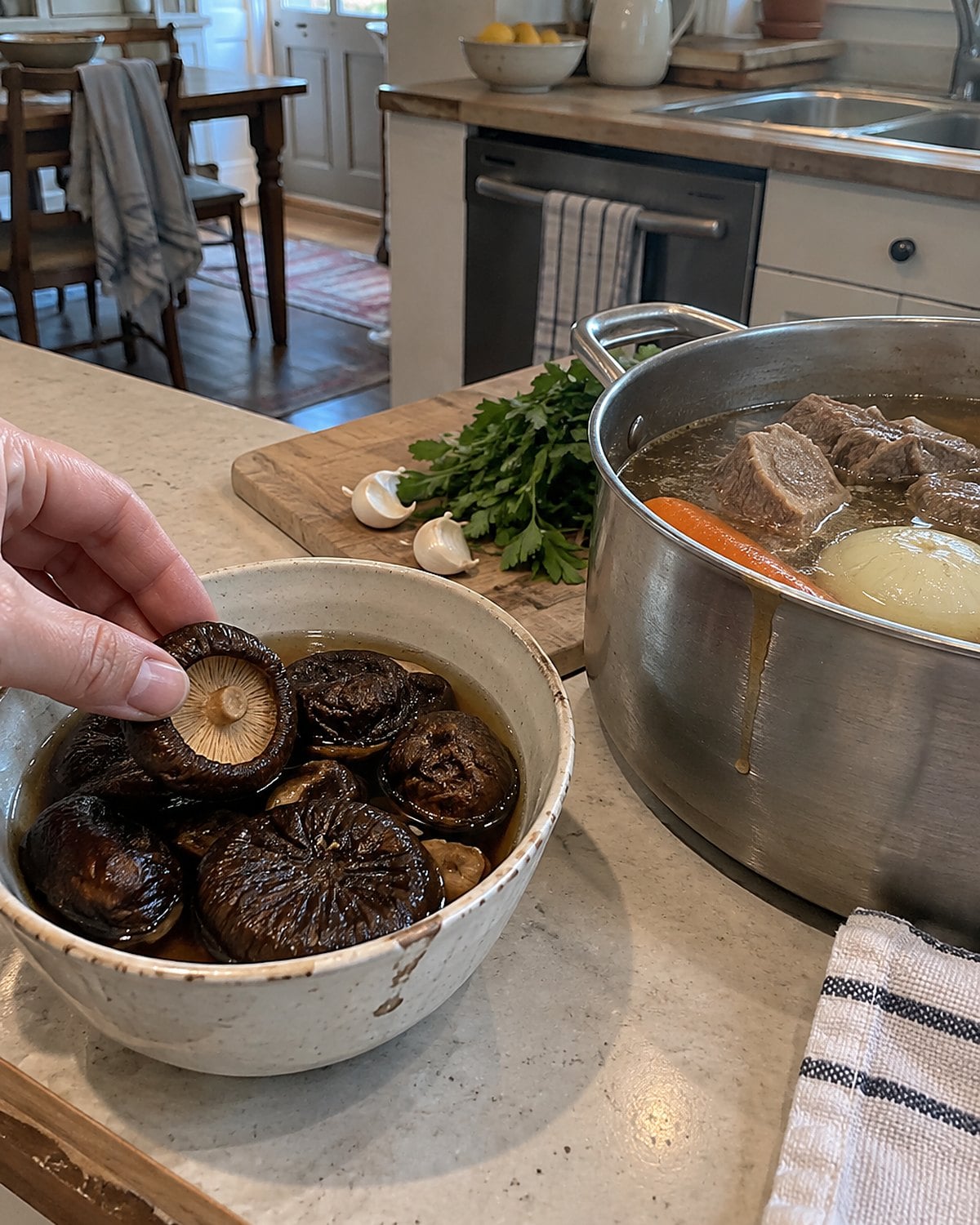 Dried mushrooms soak in a chipped bowl beside a pot of beef broth on the counter.