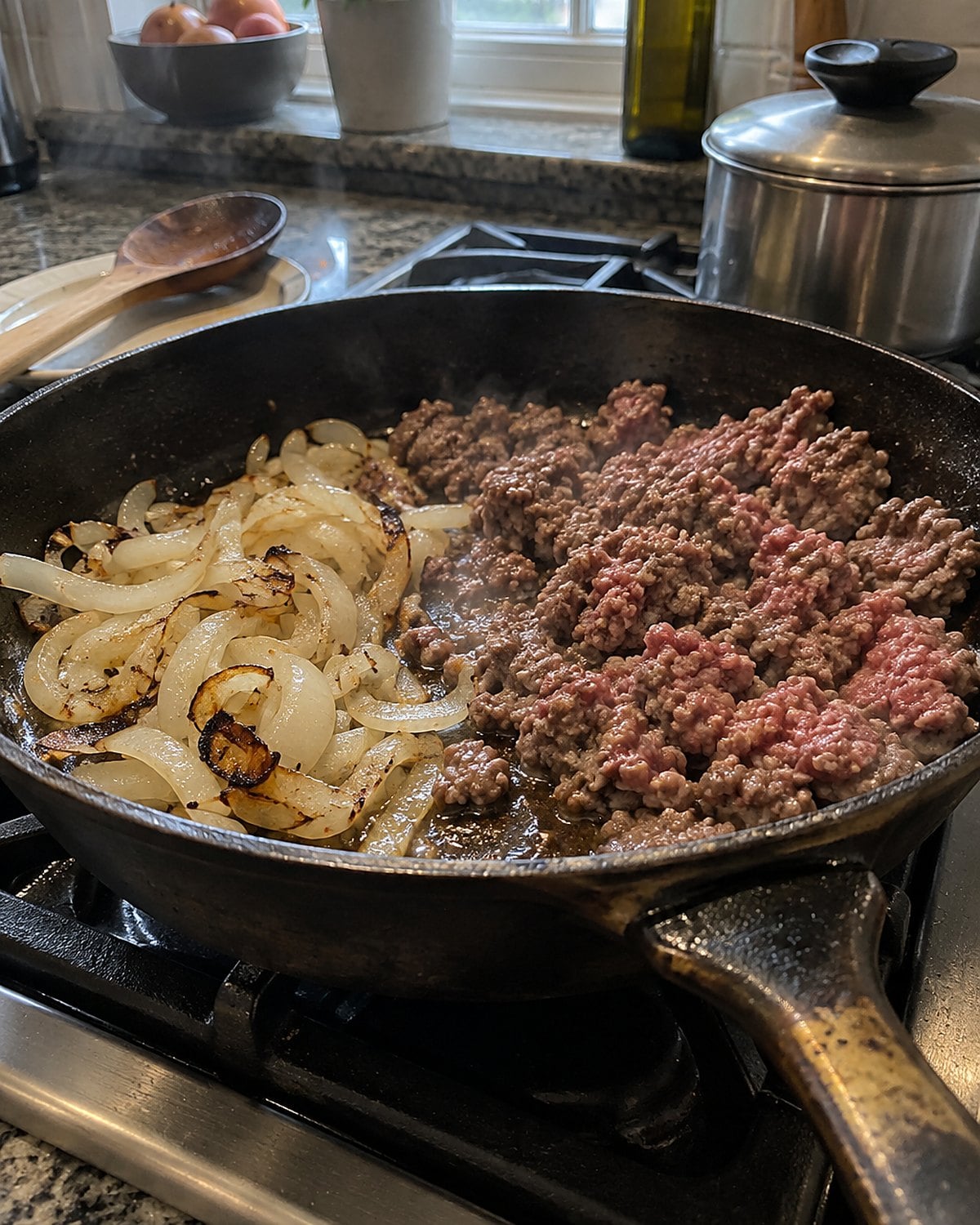 A sliced onion browns beside ground meat in a worn skillet on the stove.