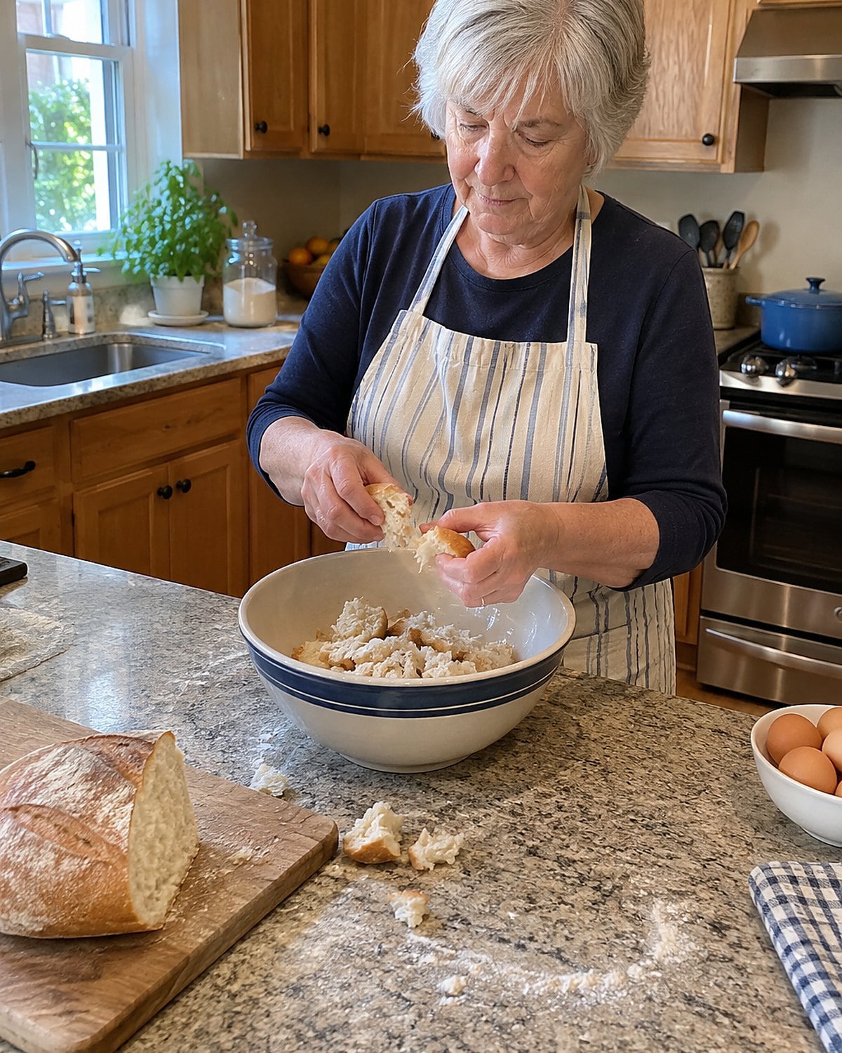 Hands tear the heel of a bread loaf over a mixing bowl on a flour-dusted counter.