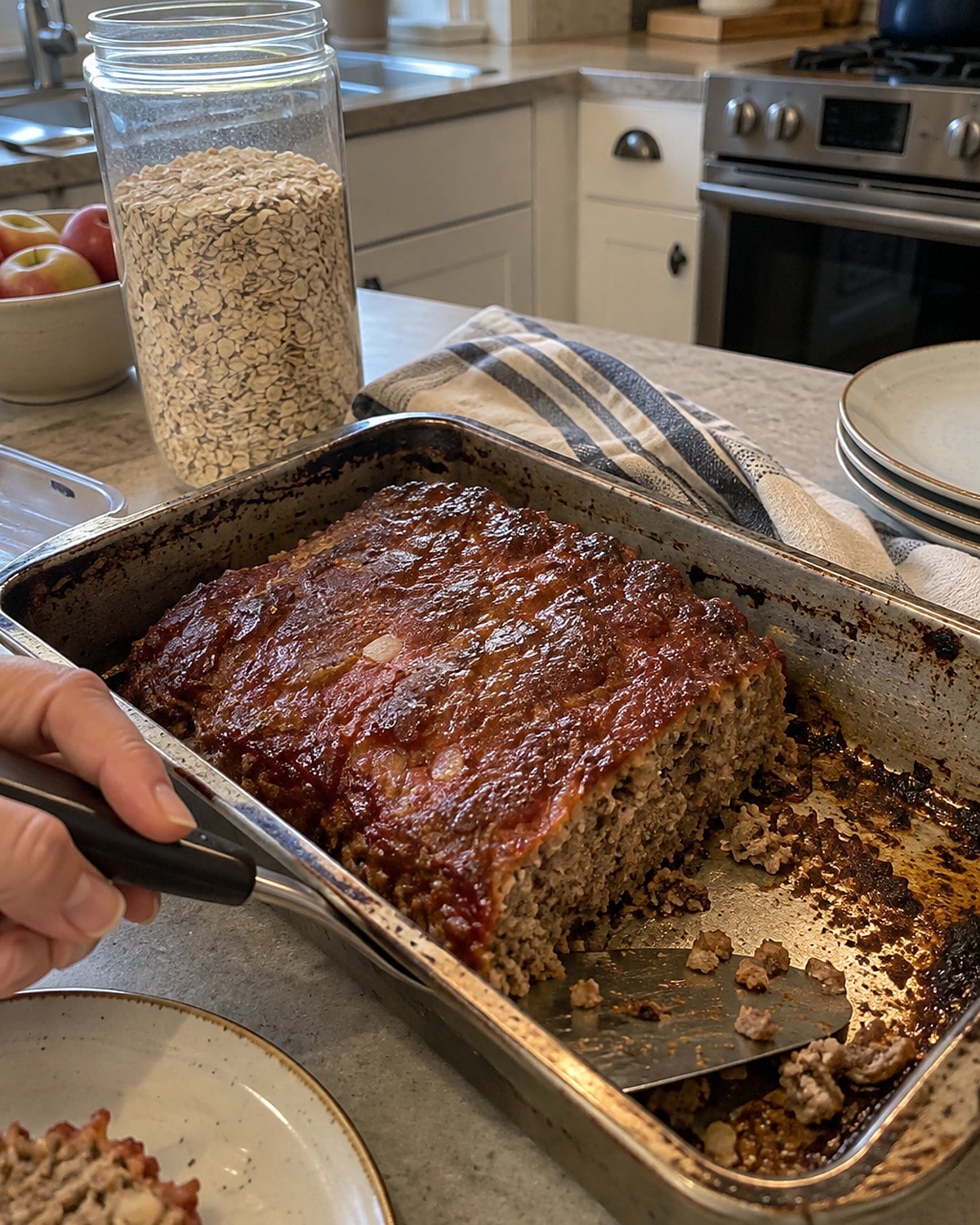 A slightly uneven meatloaf with one slice cut away sits in its baking pan beside an open oat canister.