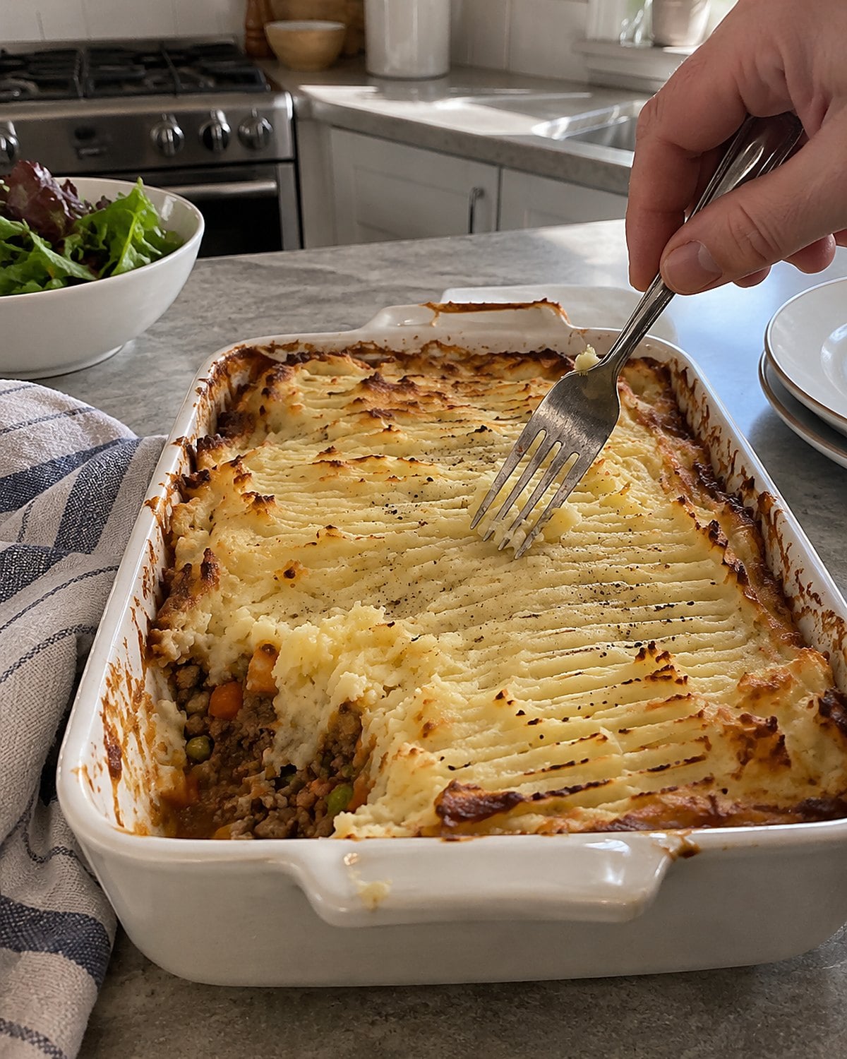 A fork leaves rough ridges across mashed potatoes on a shepherd's pie.