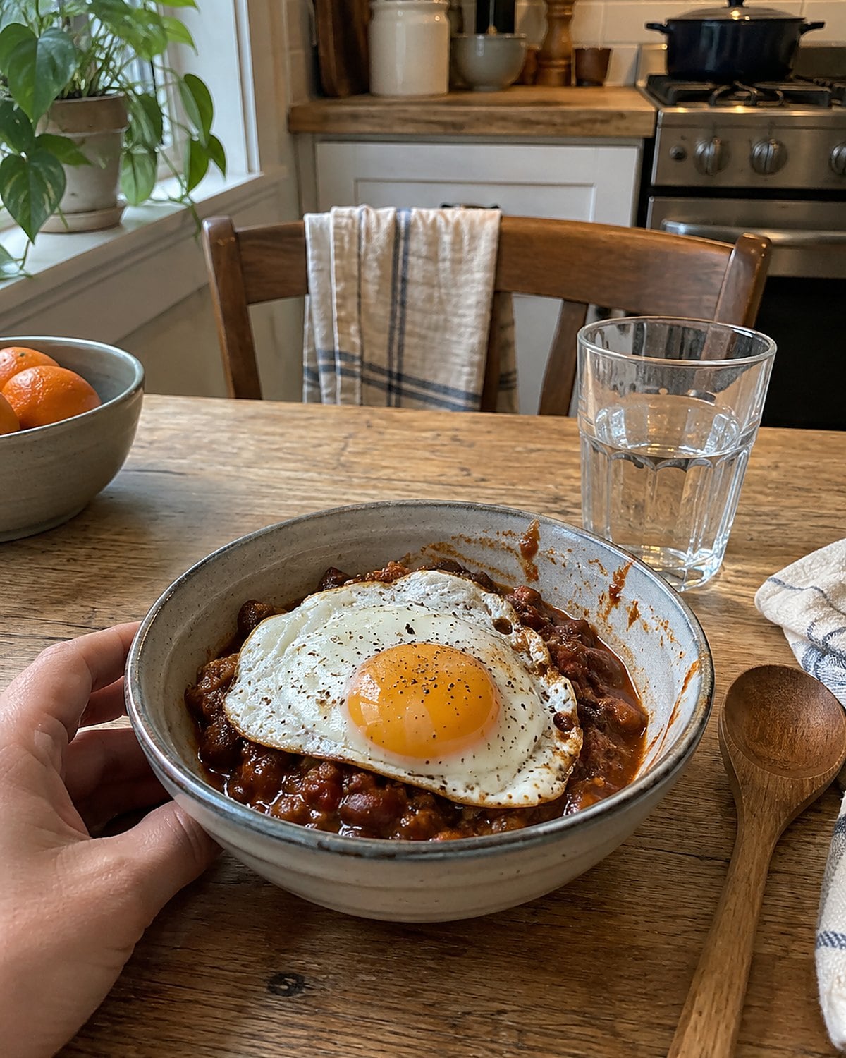 A fried egg rests on a bowl of leftover chili at a small kitchen table.