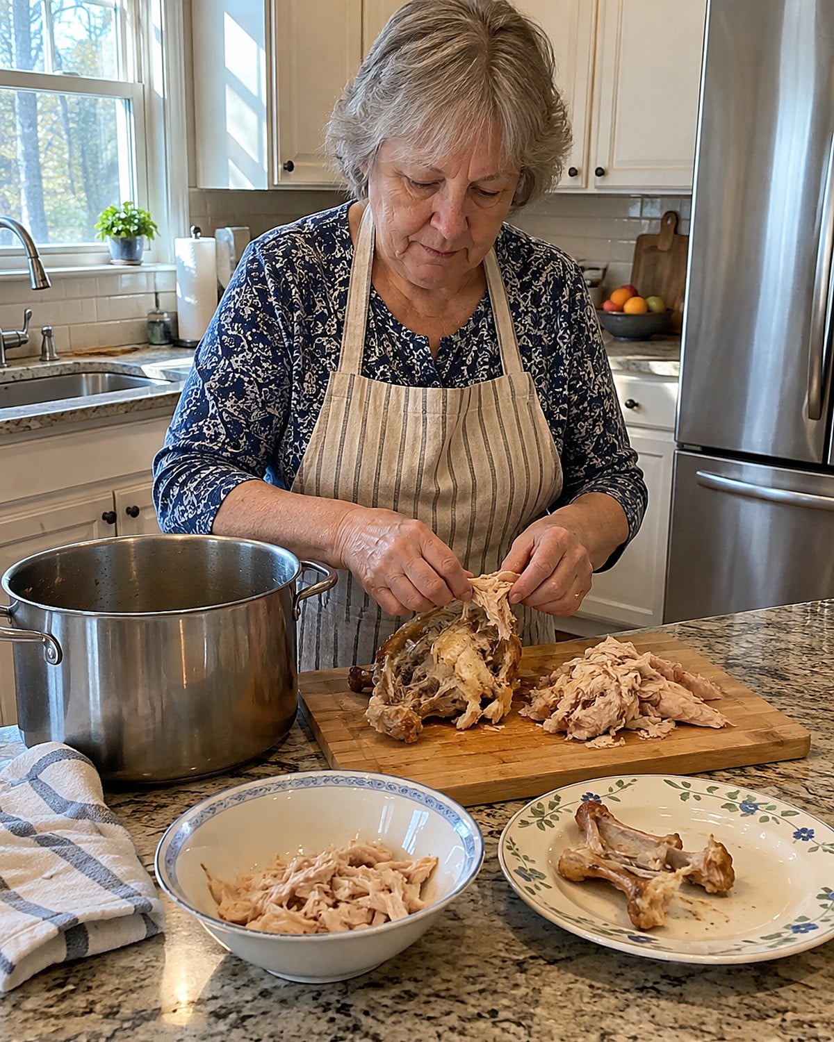 Hands pick chicken from a carcass on a cutting board beside a stockpot.