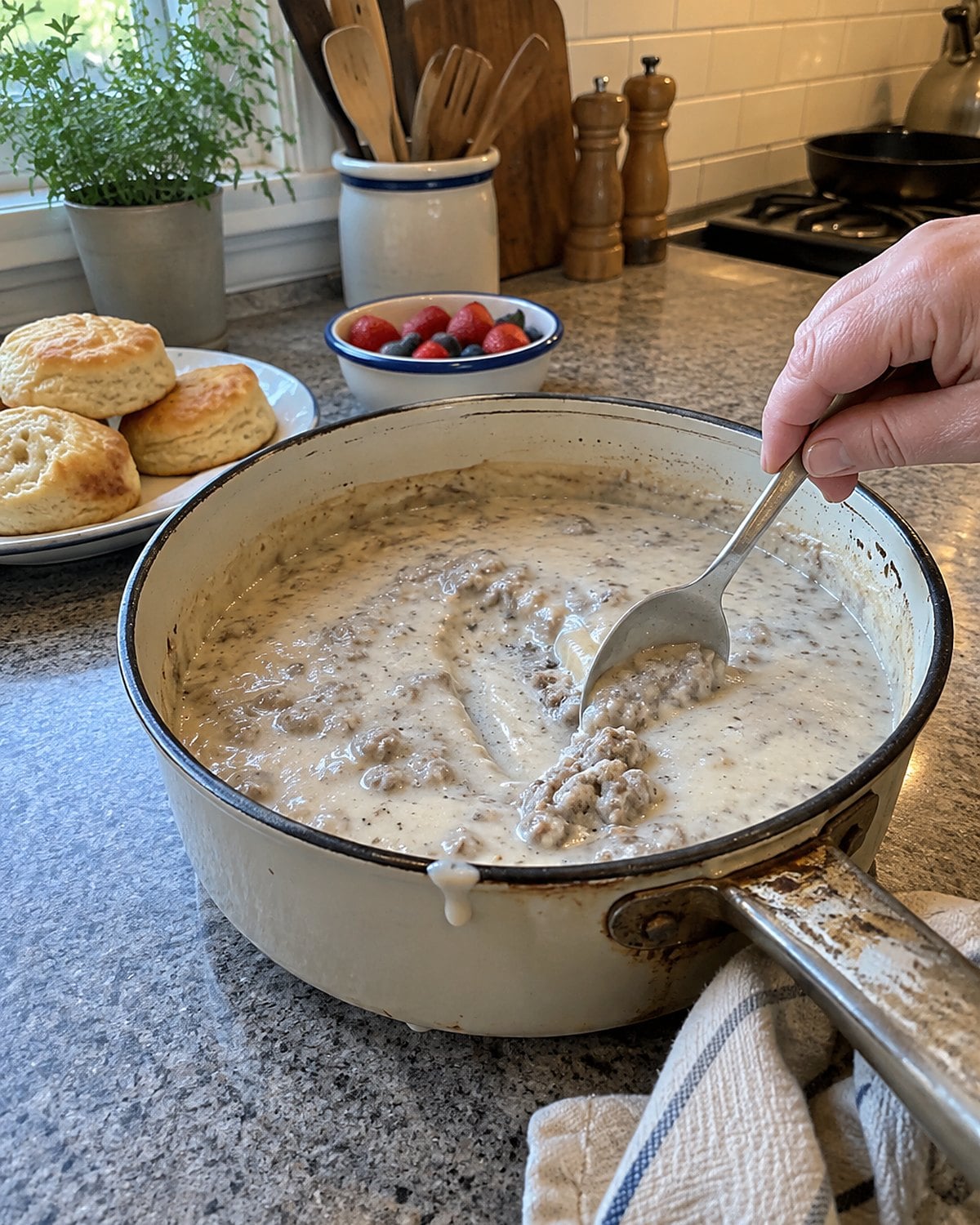 A spoon drags through sausage milk gravy in a chipped saucepan.