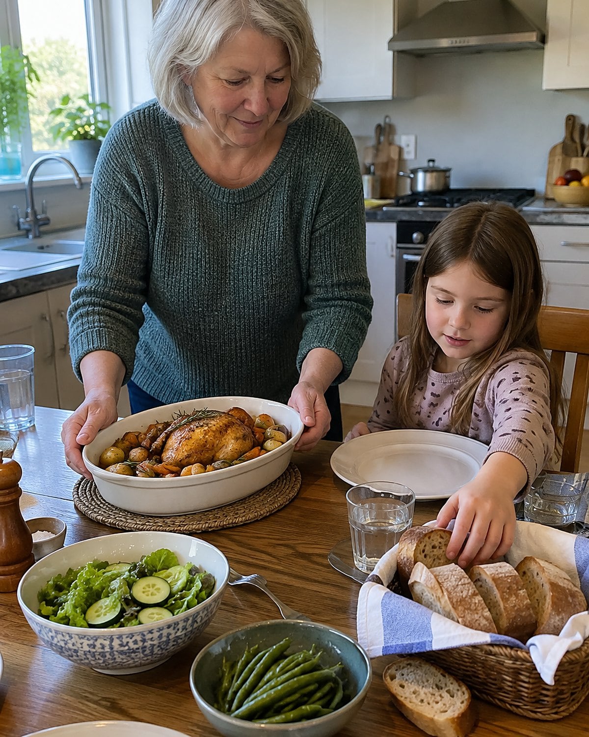 A grandchild's hand reaching for bread as a serving dish is set on the table.