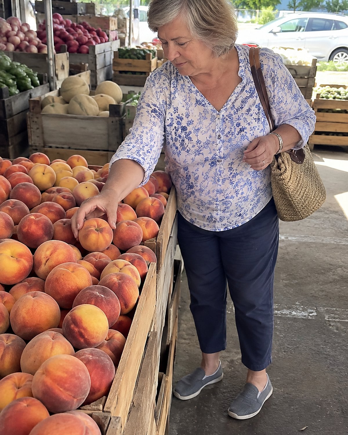 A hand choosing a peach from an uneven pile at a market stall.