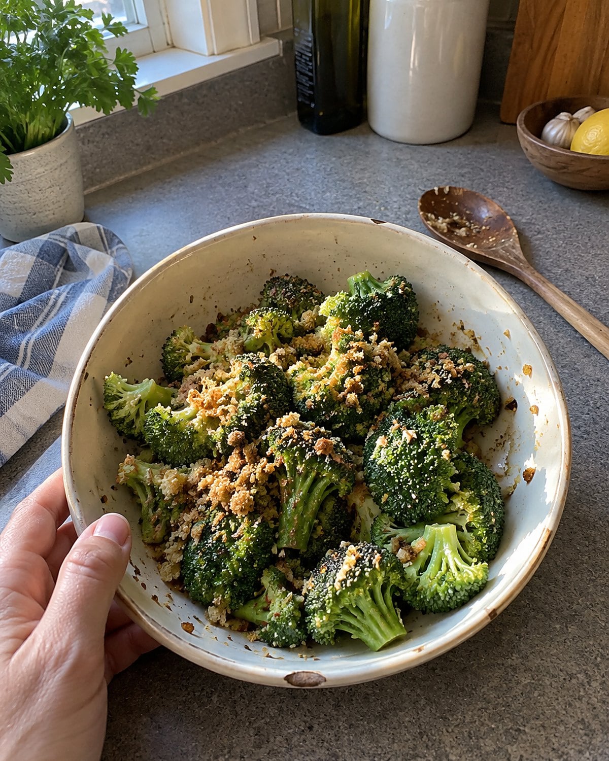 Broccoli florets with toasted crumbs scattered over them in a serving bowl.
