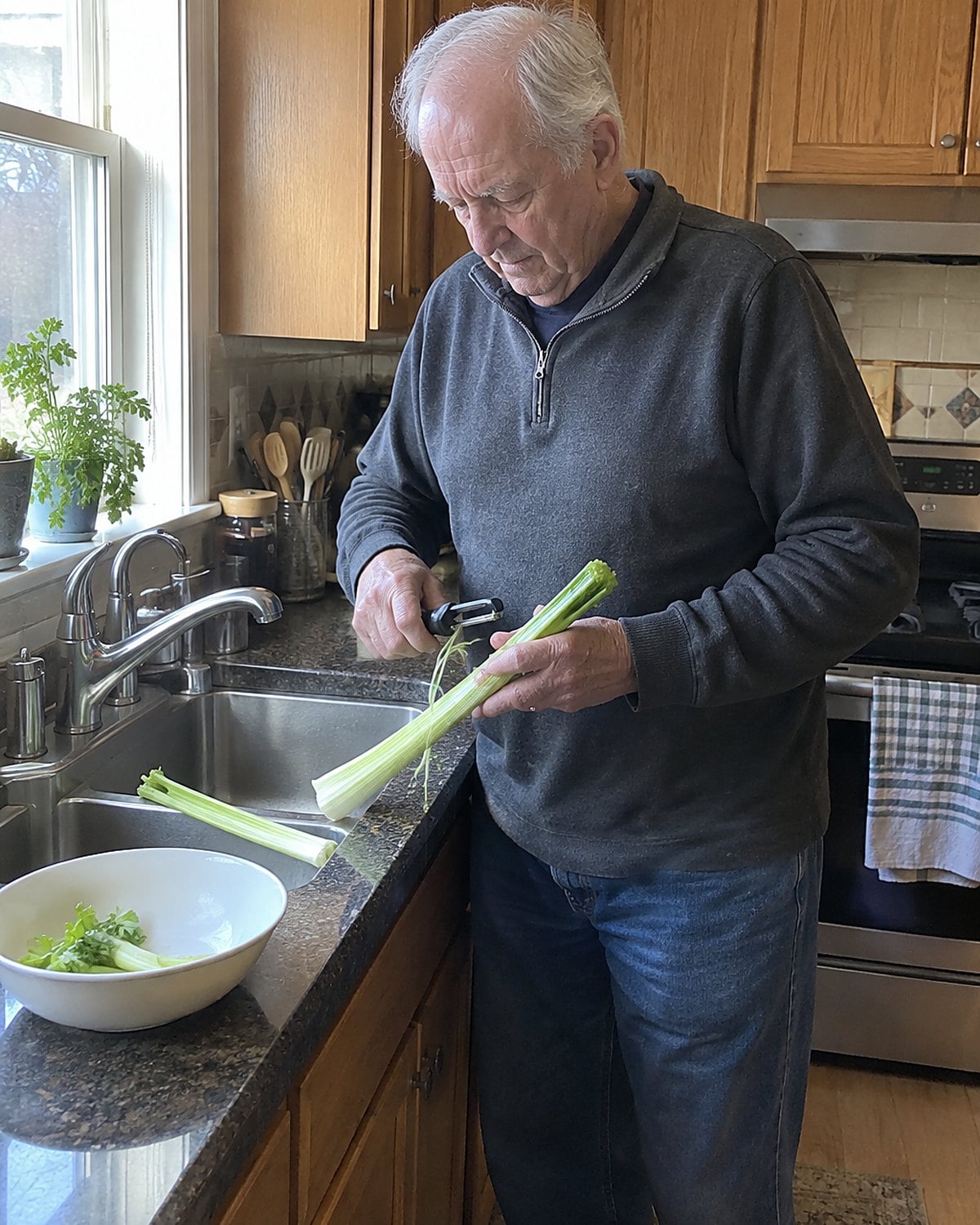 Celery strings caught in a peeler over the kitchen sink.