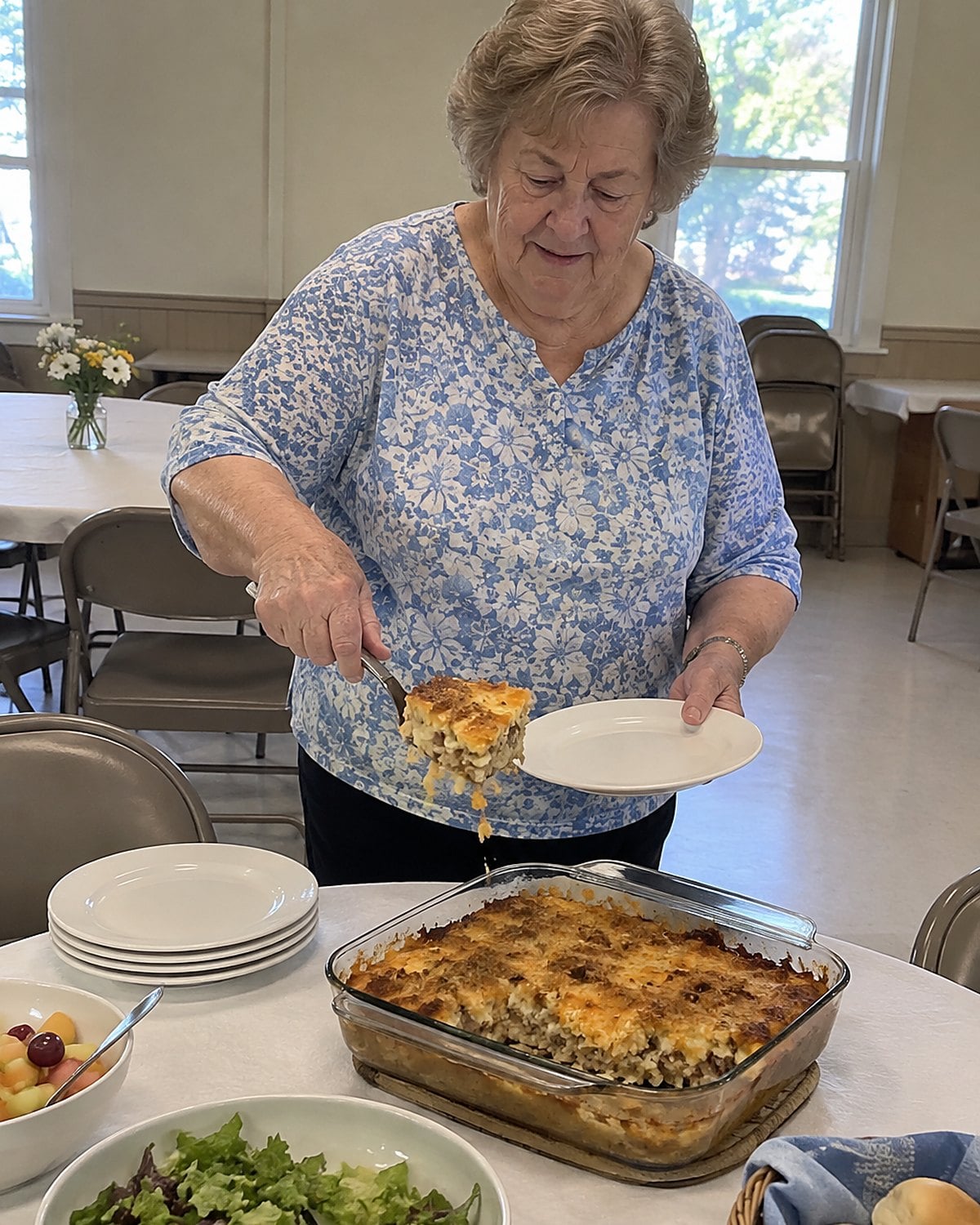 A browned corner piece being lifted from a casserole dish at a church hall table.
