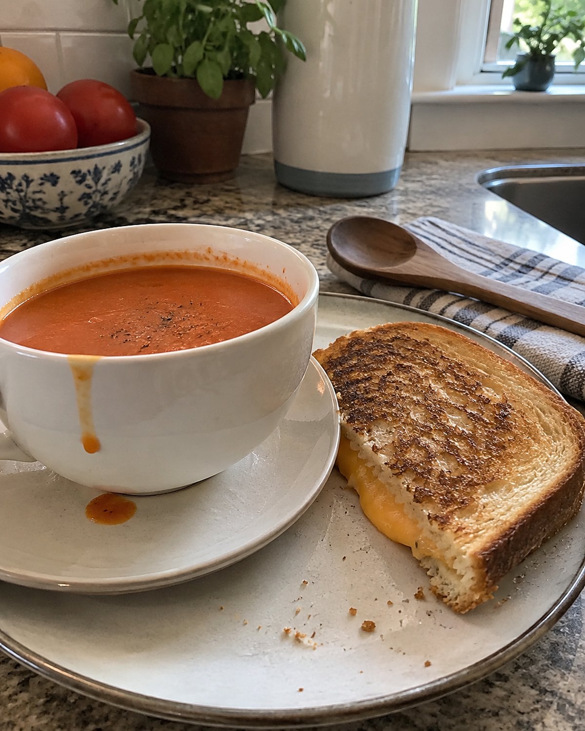 Half a grilled cheese sandwich next to a small cup of tomato soup on the counter.