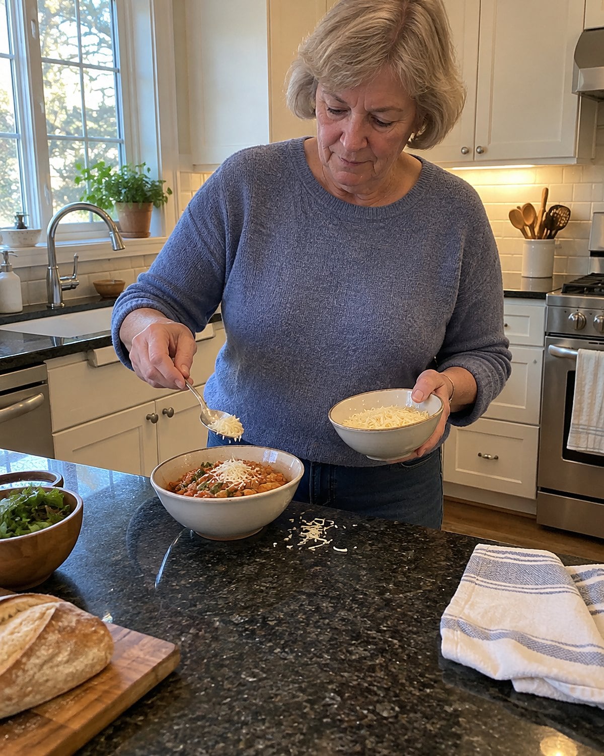 Two bowls on the counter, one holding dinner and the other holding grated cheese.