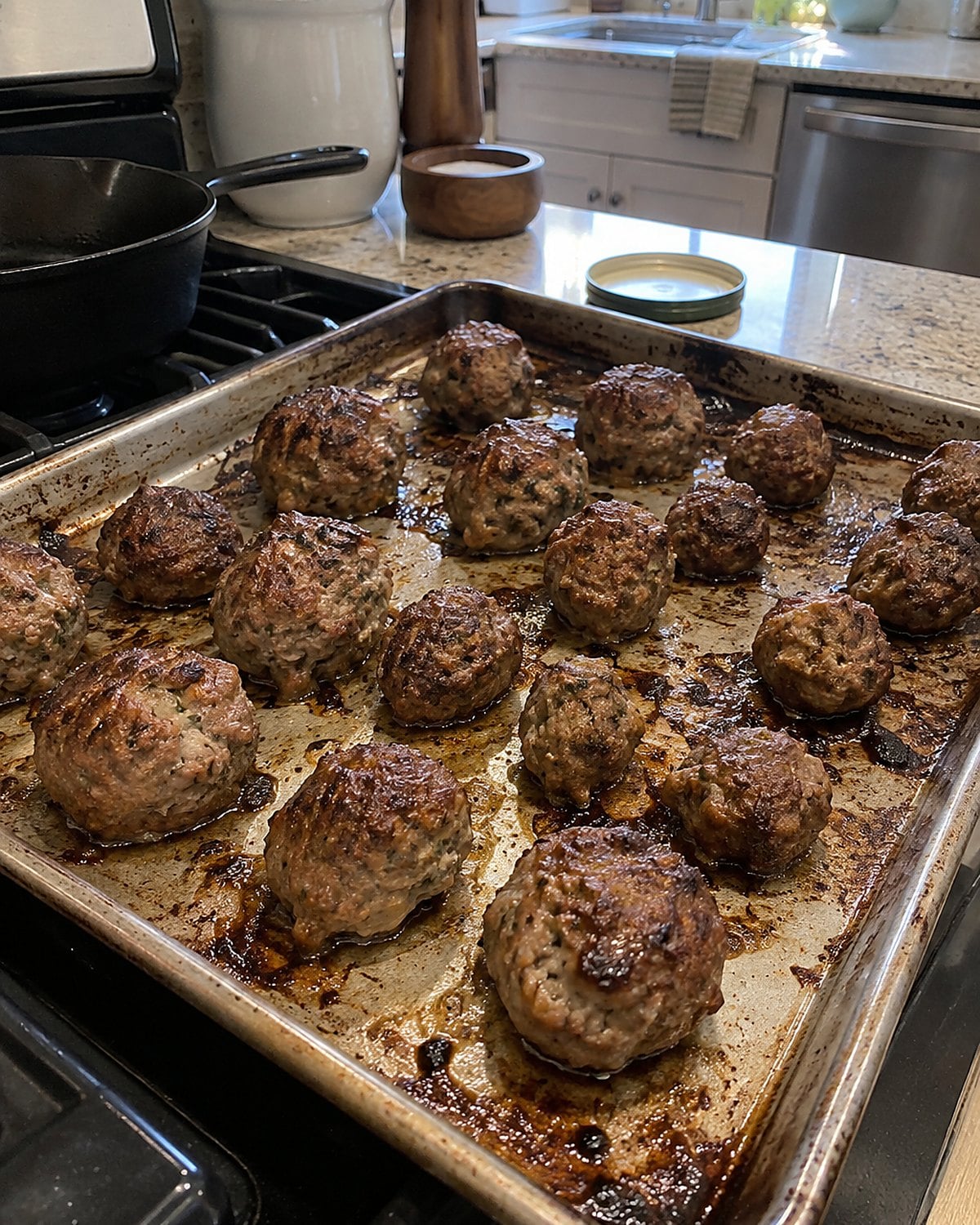 Small and large meatballs on the same baking sheet near the stove.