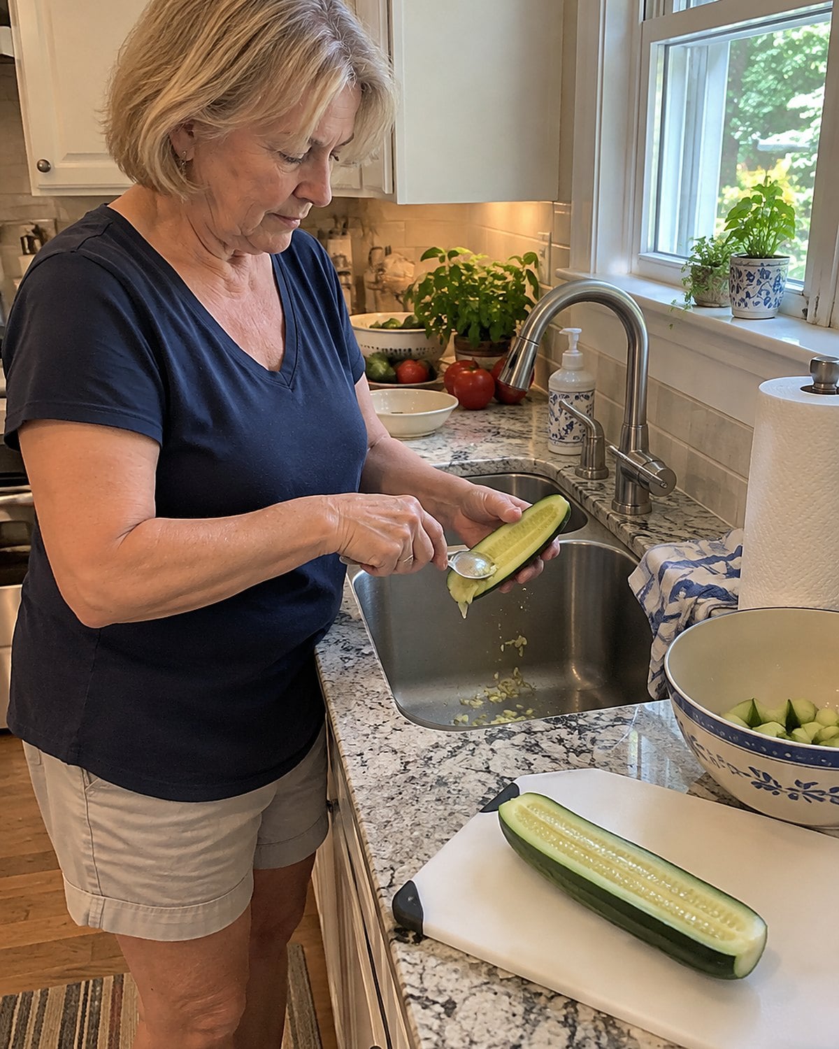 A hand scraping cucumber seeds into the sink with a spoon.