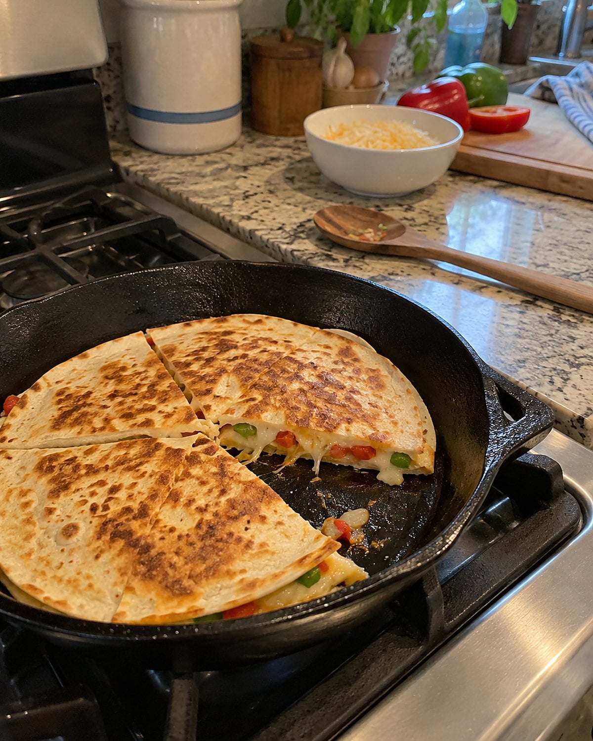 A cheese quesadilla with tiny pepper pieces visible at its cut edge in a cast-iron skillet.