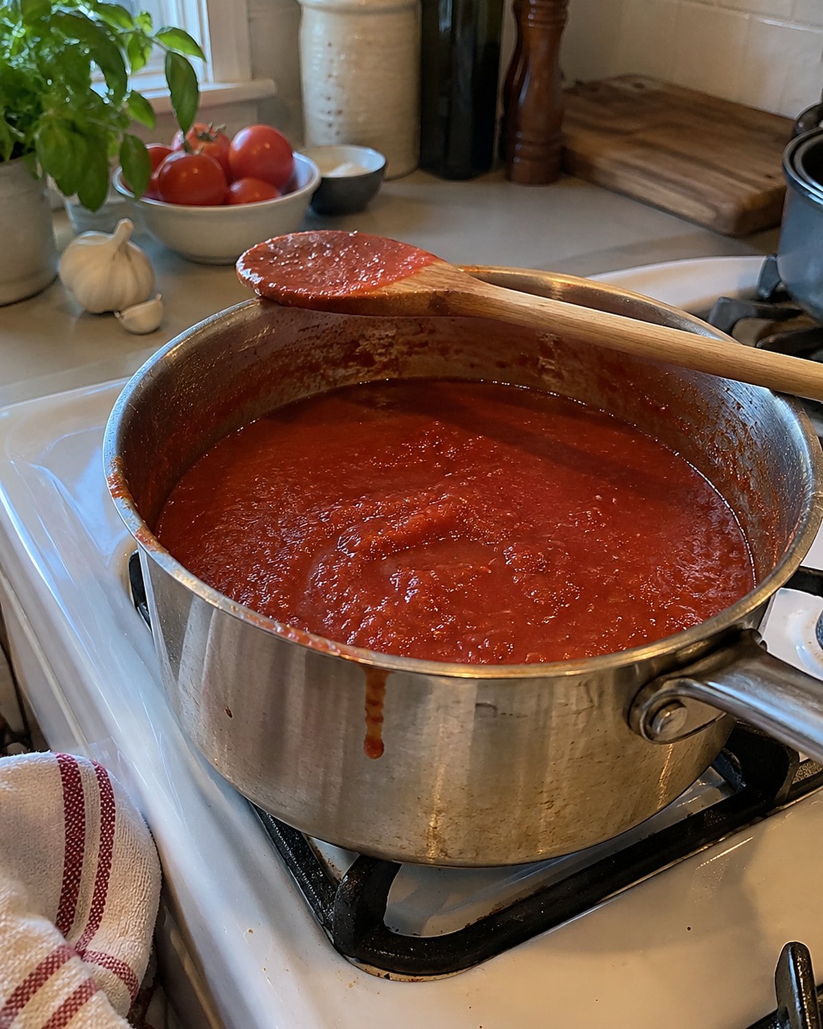 A saucepan of smooth tomato sauce on a white stove, with a wooden spoon resting across its rim.