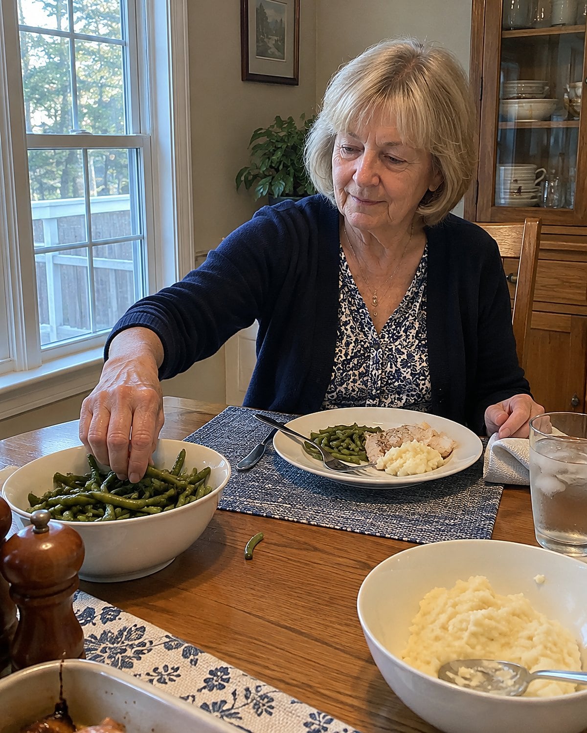 A hand reaching for another green bean from a bowl on the dinner table.