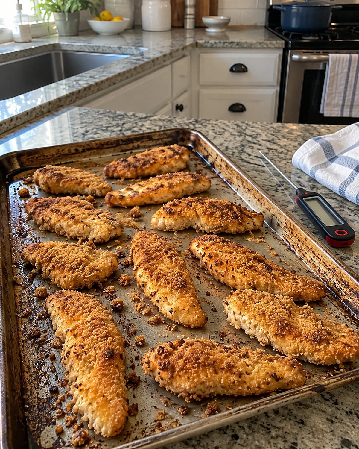 Crumb-coated chicken tenders spaced across a baking sheet with a thermometer nearby.