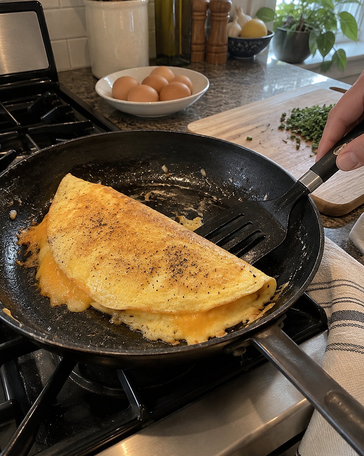 A folded cheese egg in a skillet with a spatula tucked beneath one edge.