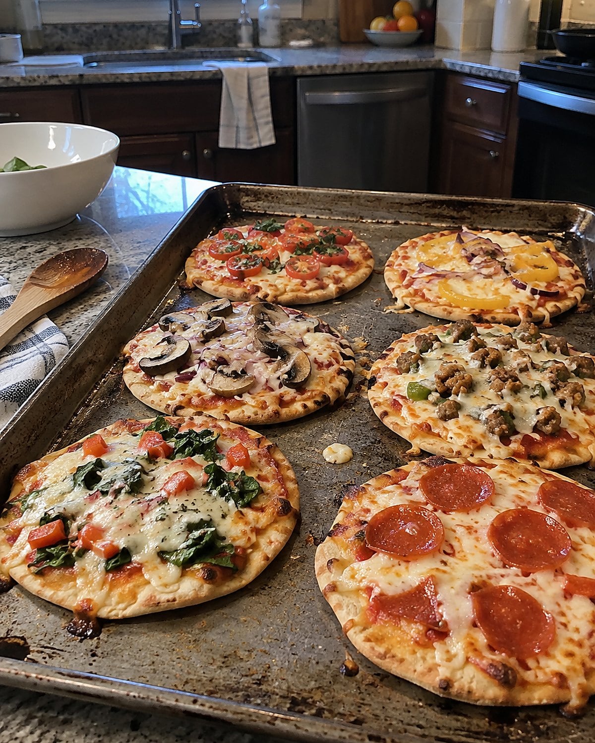 Small pita pizzas on a sheet pan, each with a different scattering of toppings.