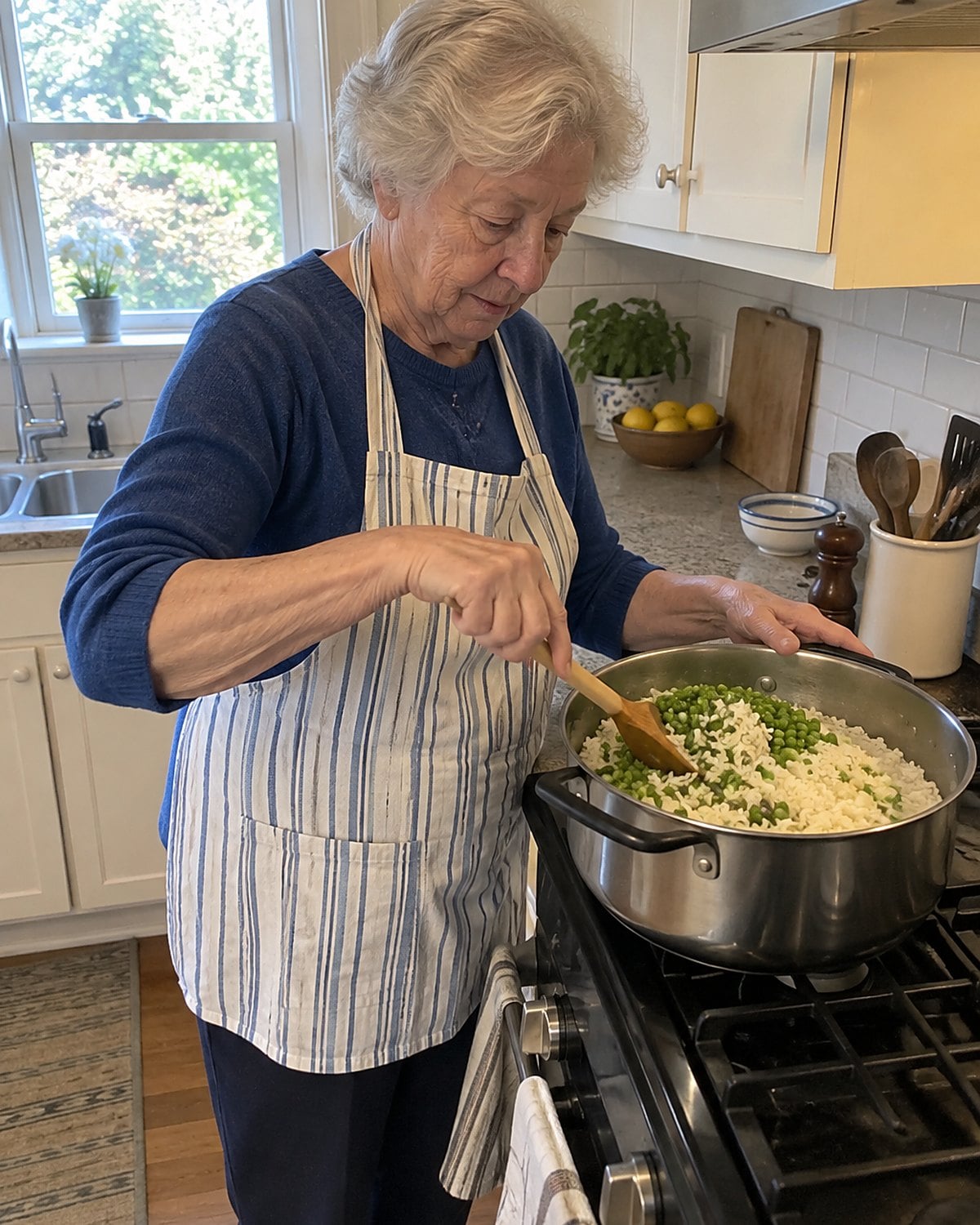 A pot of fluffed rice with bright peas being folded in at the stove.