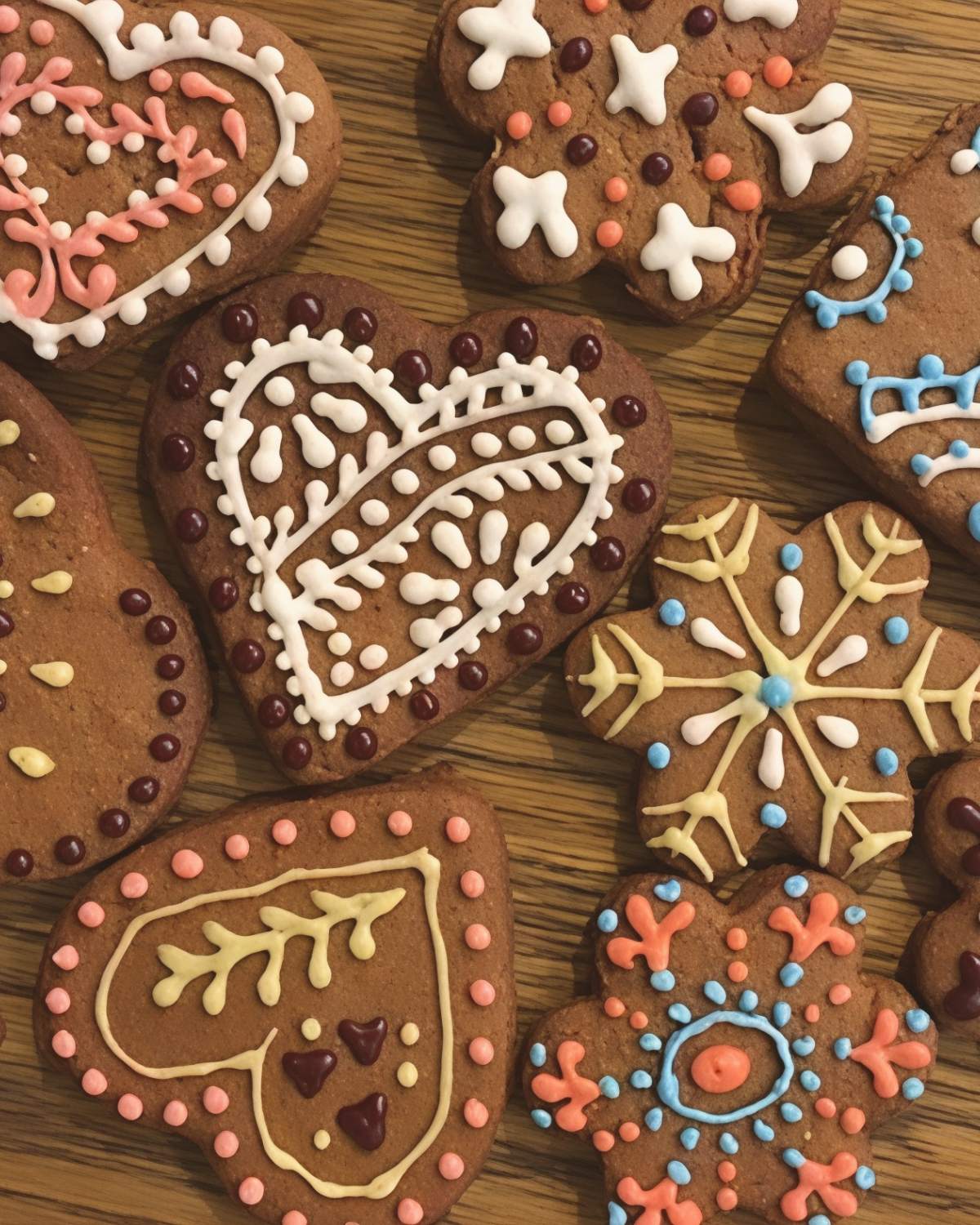 Intricately decorated Estonian Piparkoogid gingerbread cookies with colorful royal icing details, presented as a festive European Christmas dessert.