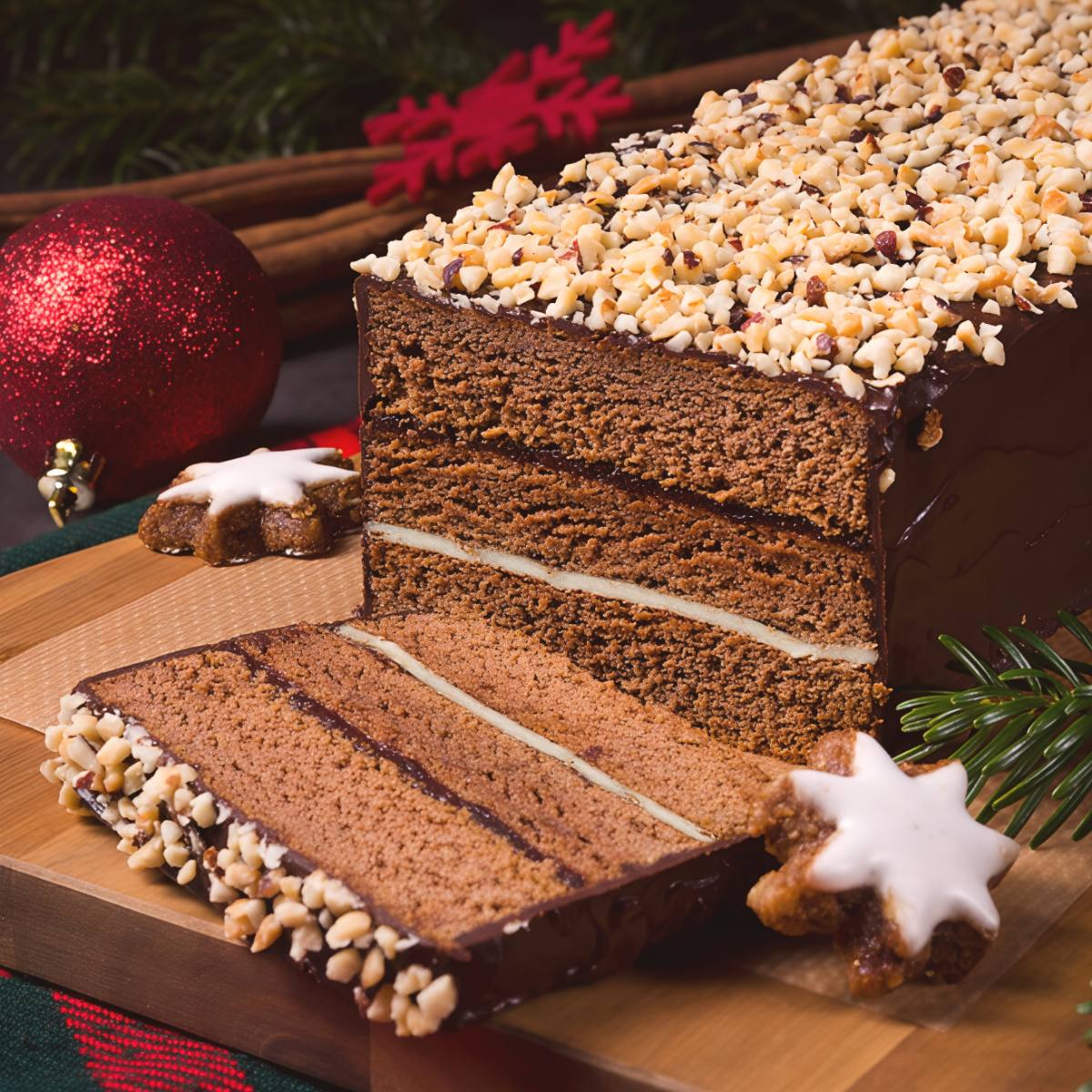 Sliced Polish Piernik Staropolski traditional gingerbread cake layered with plum jam and marzipan, glazed in dark chocolate and topped with chopped nuts, presented as a classic European Christmas dessert.