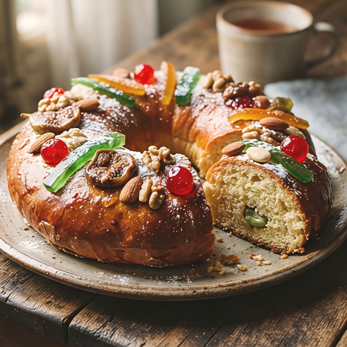 A ring-shaped Portuguese Bolo Rei King Cake topped with vibrant candied fruits, nuts, and a dusting of powdered sugar, presented as a classic European Christmas dessert.