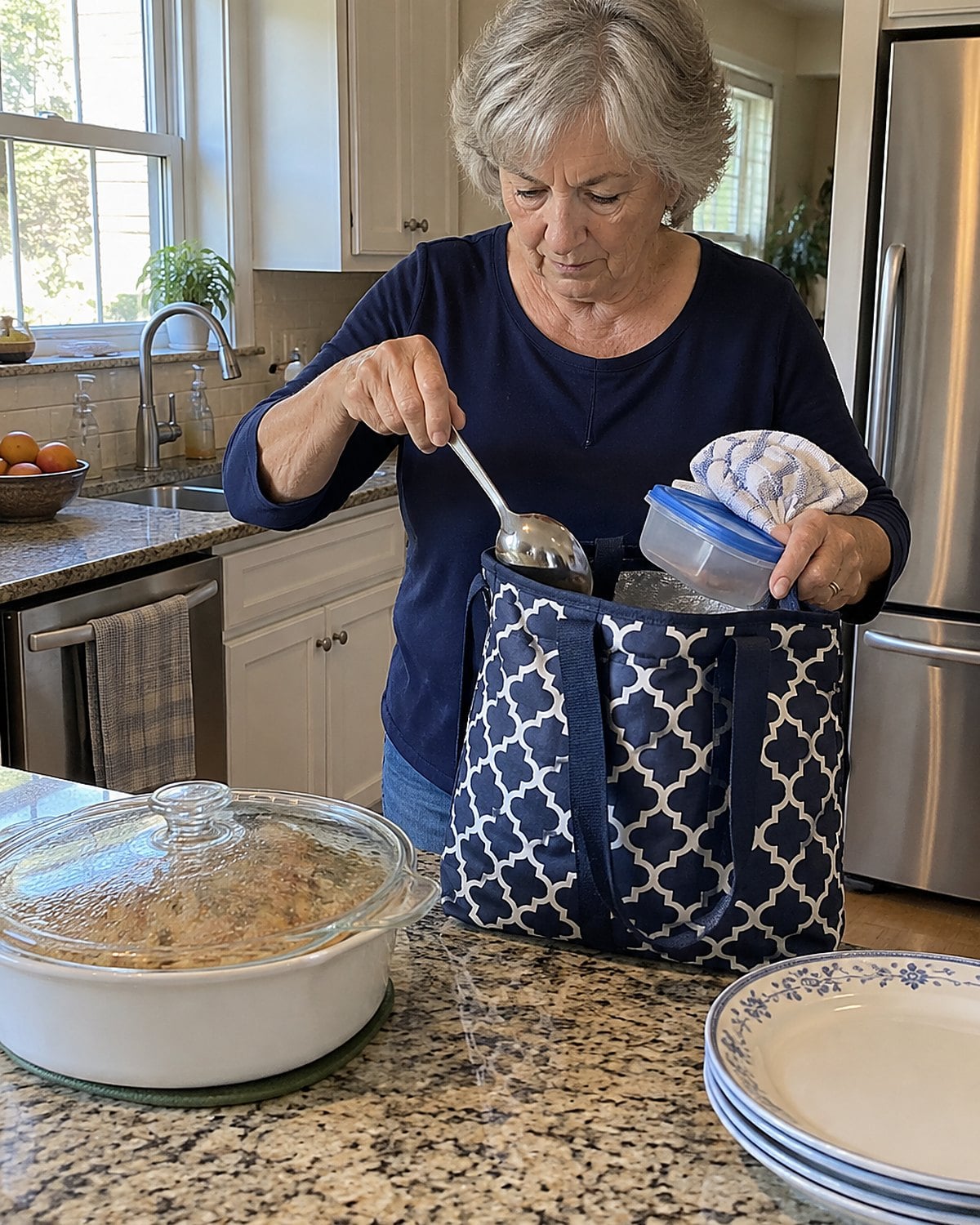 Older womanโs hands packing a serving spoon, folded towel, and lidded container into a bag beside a covered dish.