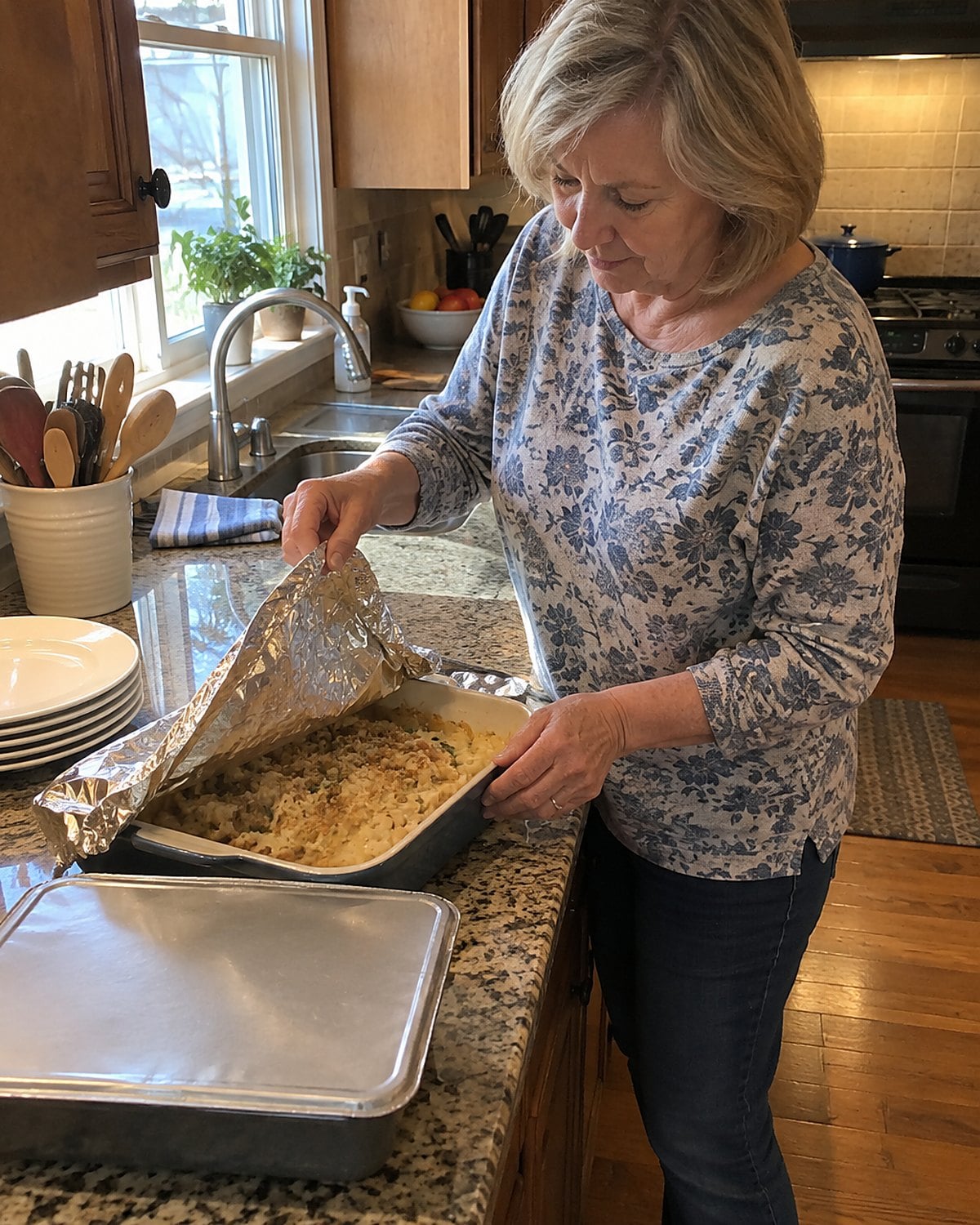 Hands lifting foil from a chicken casserole on a kitchen counter, with crumbs visible on top.