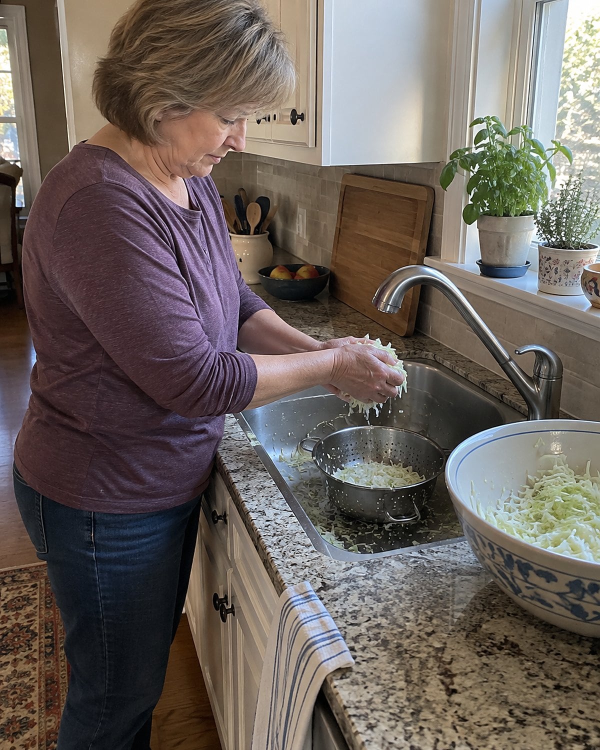 Hands squeezing shredded cabbage over a colander in a kitchen sink.