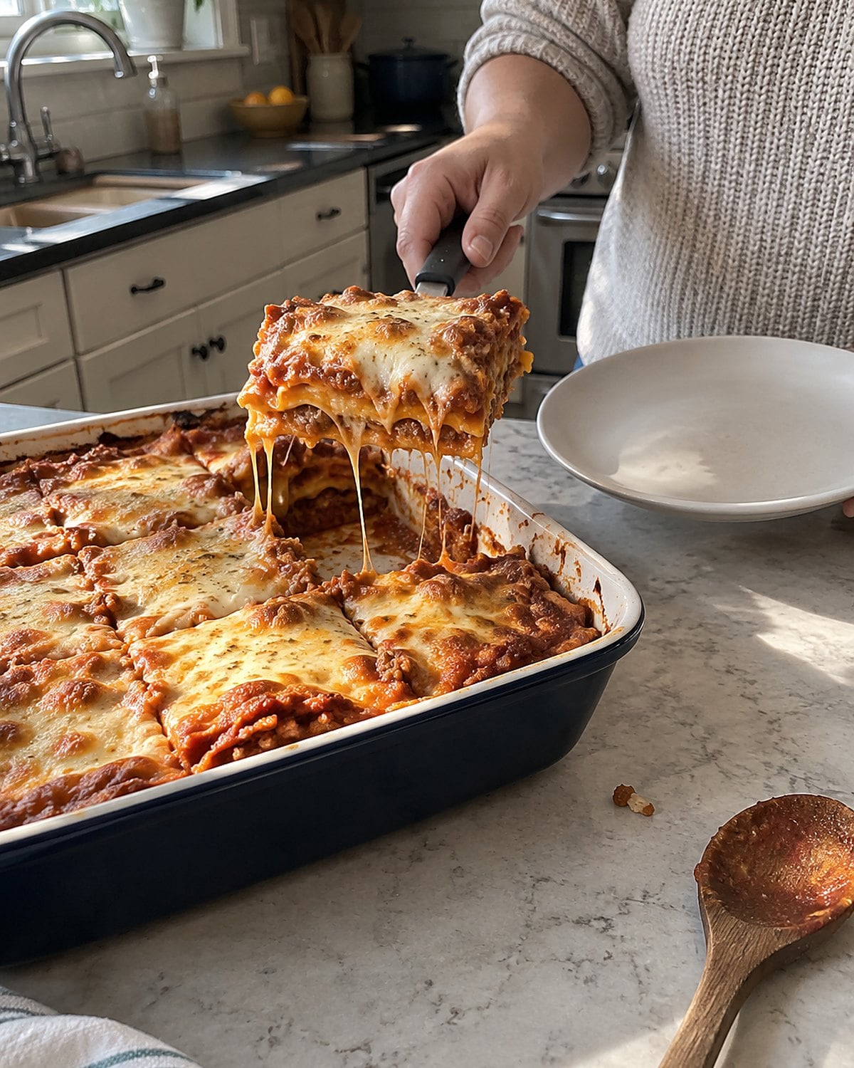 A lasagna on the counter with one slightly uneven square lifted on a spatula.