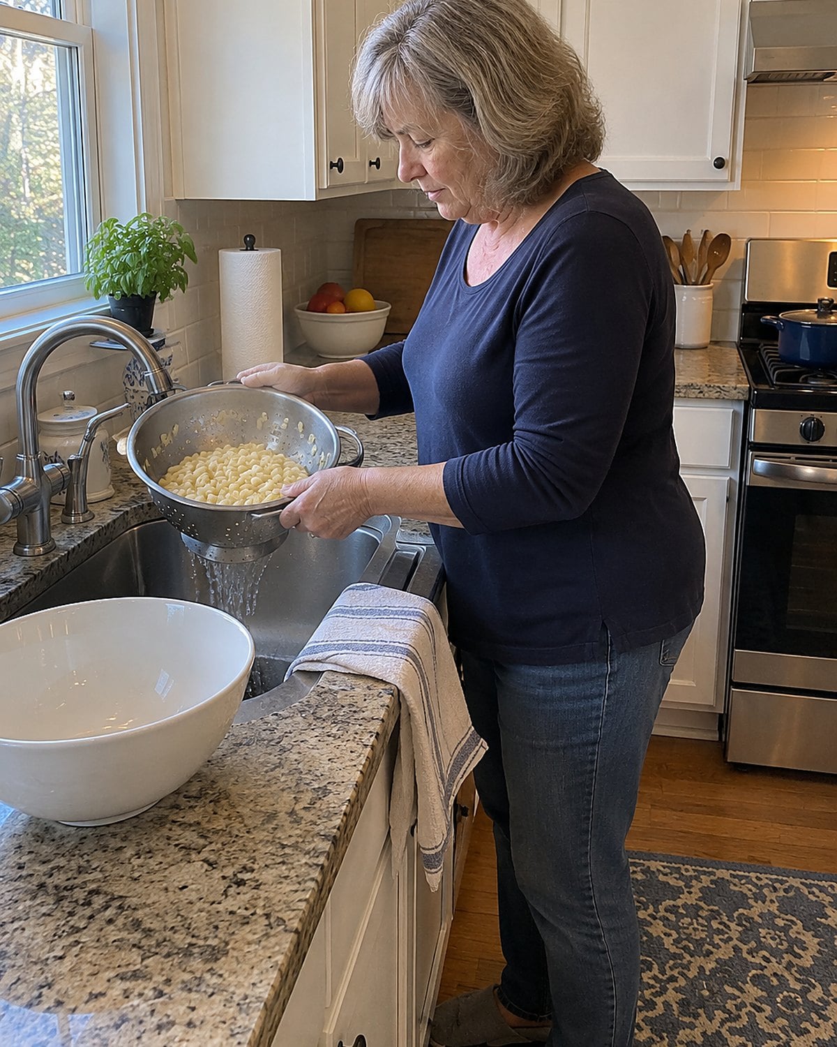 Older womanโs hands shaking a colander of macaroni over the sink, with a wide mixing bowl nearby.