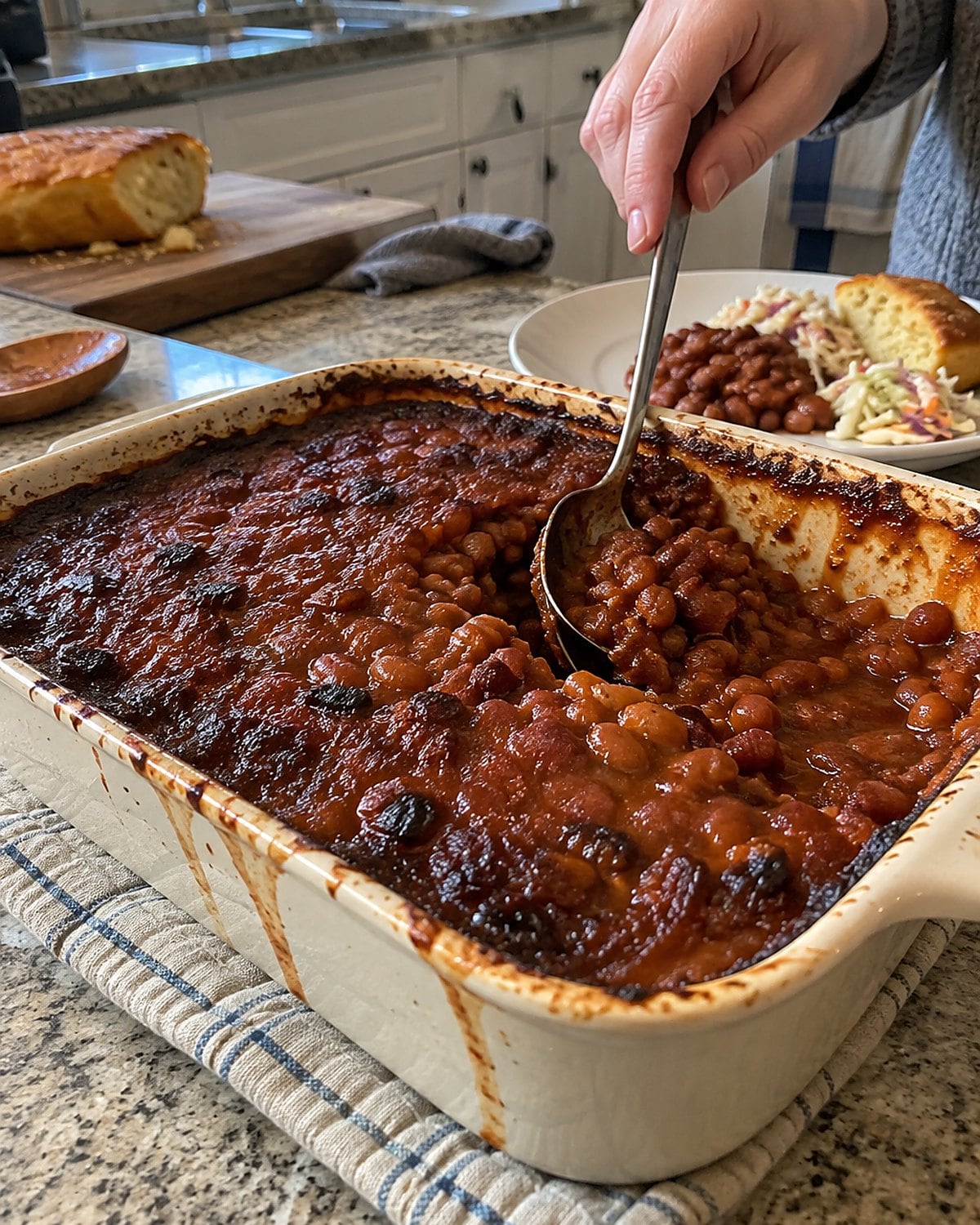 A baking dish of beans on an oven mitt, with a dark crust broken by a serving spoon.