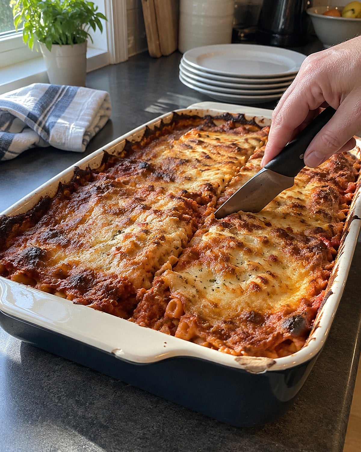 A pasta bake on the counter, with a knife inserted near its browned center.