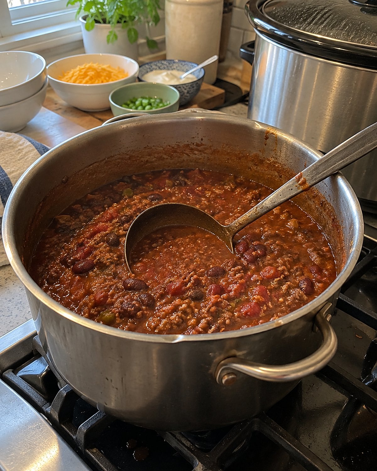 A ladle resting in a pot of chili on the stove, with a slow cooker nearby.