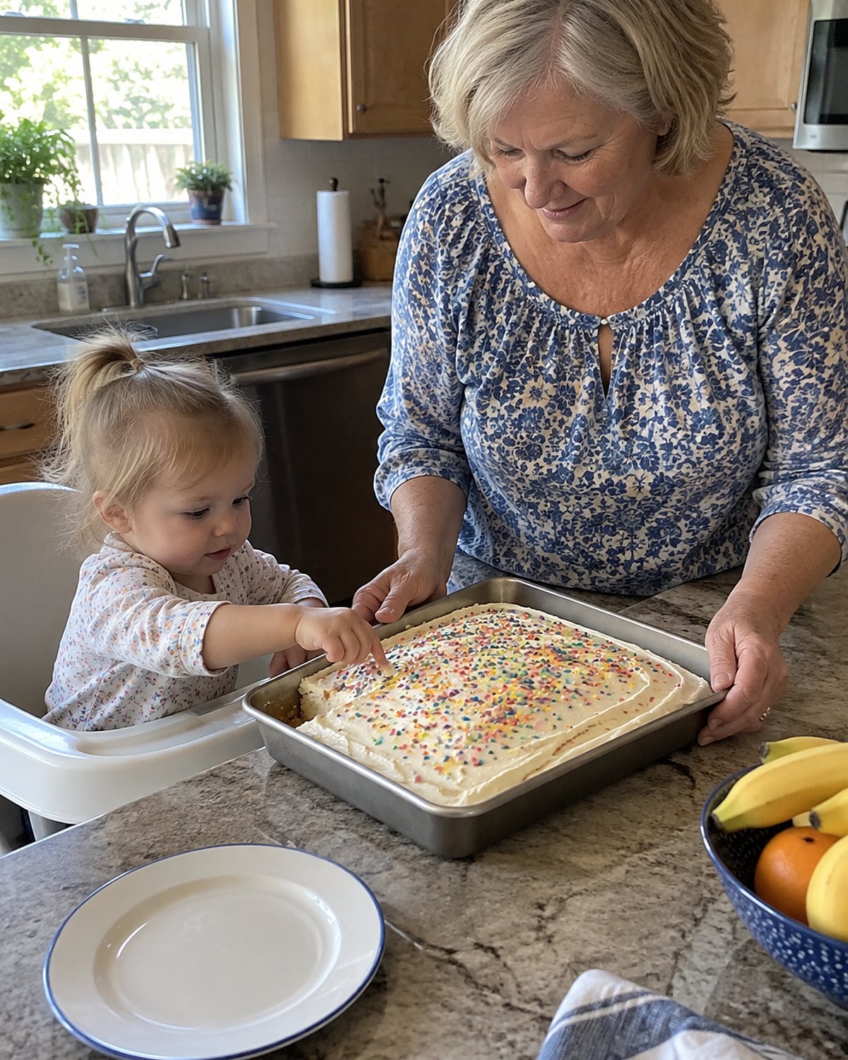 A grandchildโs hands reaching toward a sheet cake beside a high chair, with an adultโs hand holding the pan steady.