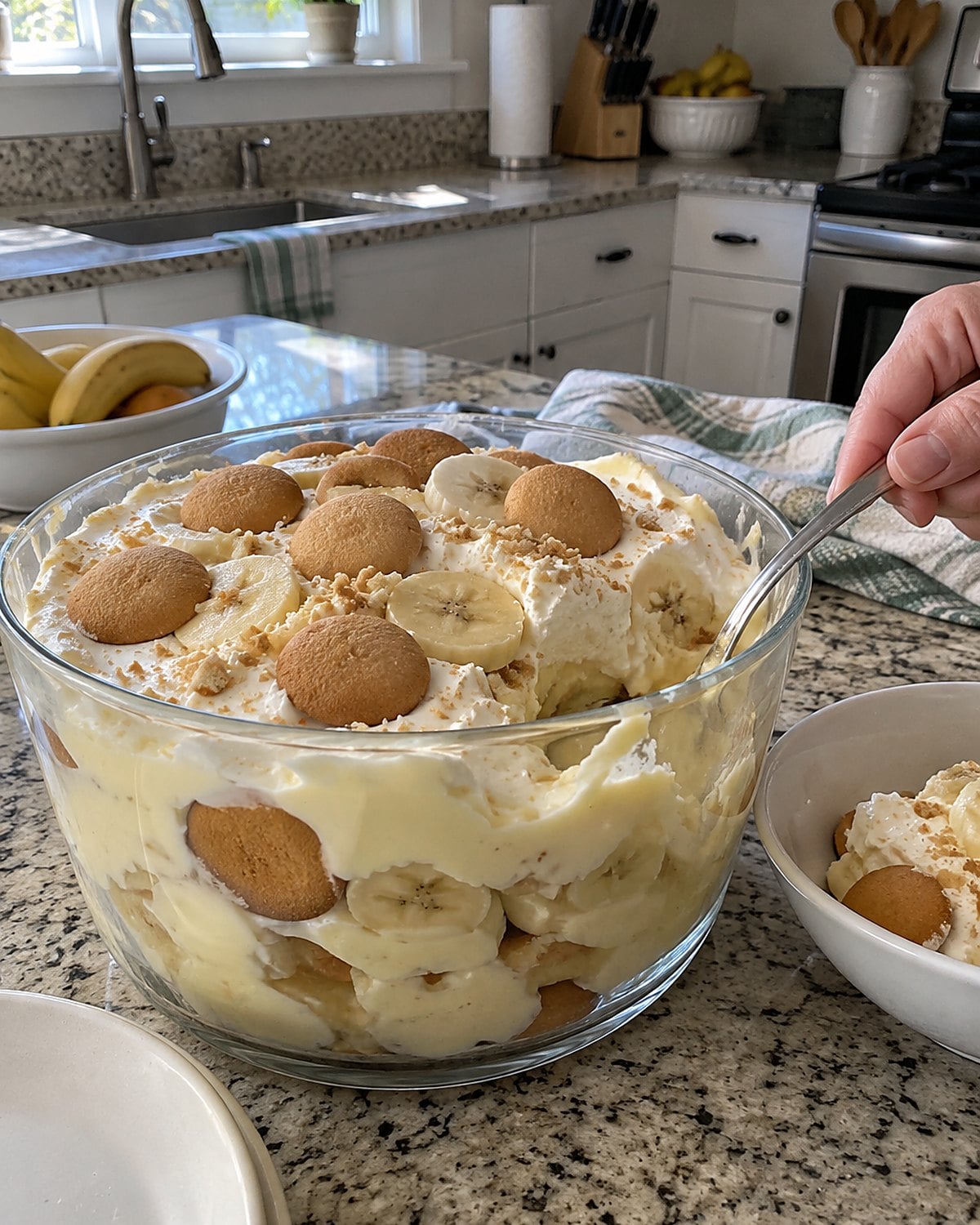 A clear bowl of banana pudding on a counter, showing wafers and banana slices through the glass.