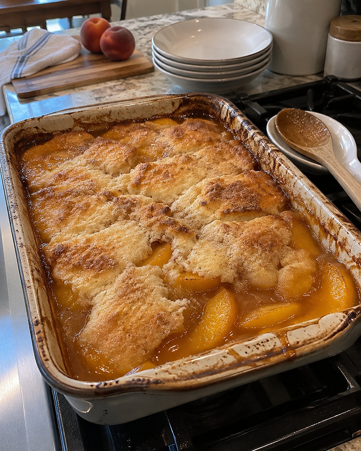 A pan of peach cobbler on a stove, with fruit bubbling through an uneven patch of topping.