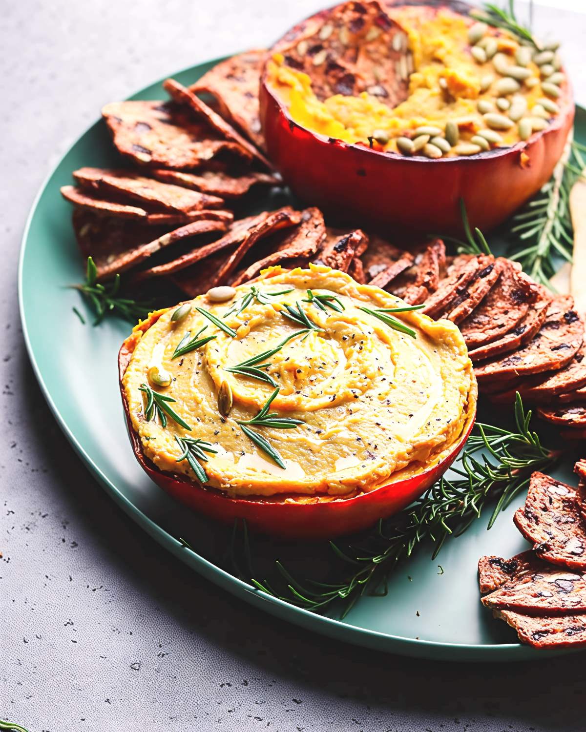 Creamy pumpkin goat cheese dip garnished with fresh rosemary leaves and pepitas is served inside hollowed mini pumpkin bowls alongside crispy seed crackers on a green platter.