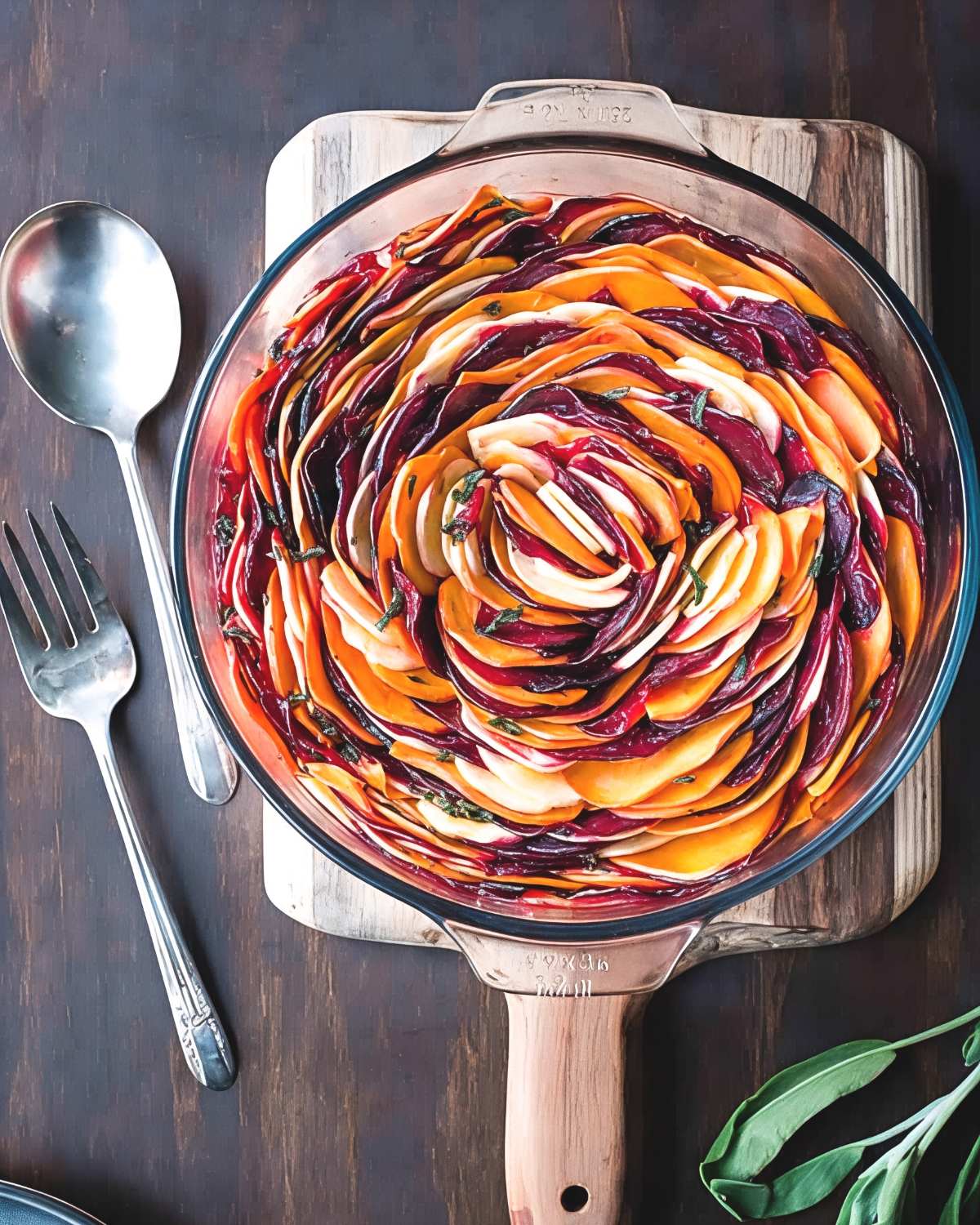 Thinly sliced root vegetables, including beets, sweet potatoes, and parsnips, are tightly arranged in a circular spiral pattern inside a glass baking dish and garnished with chopped sage.