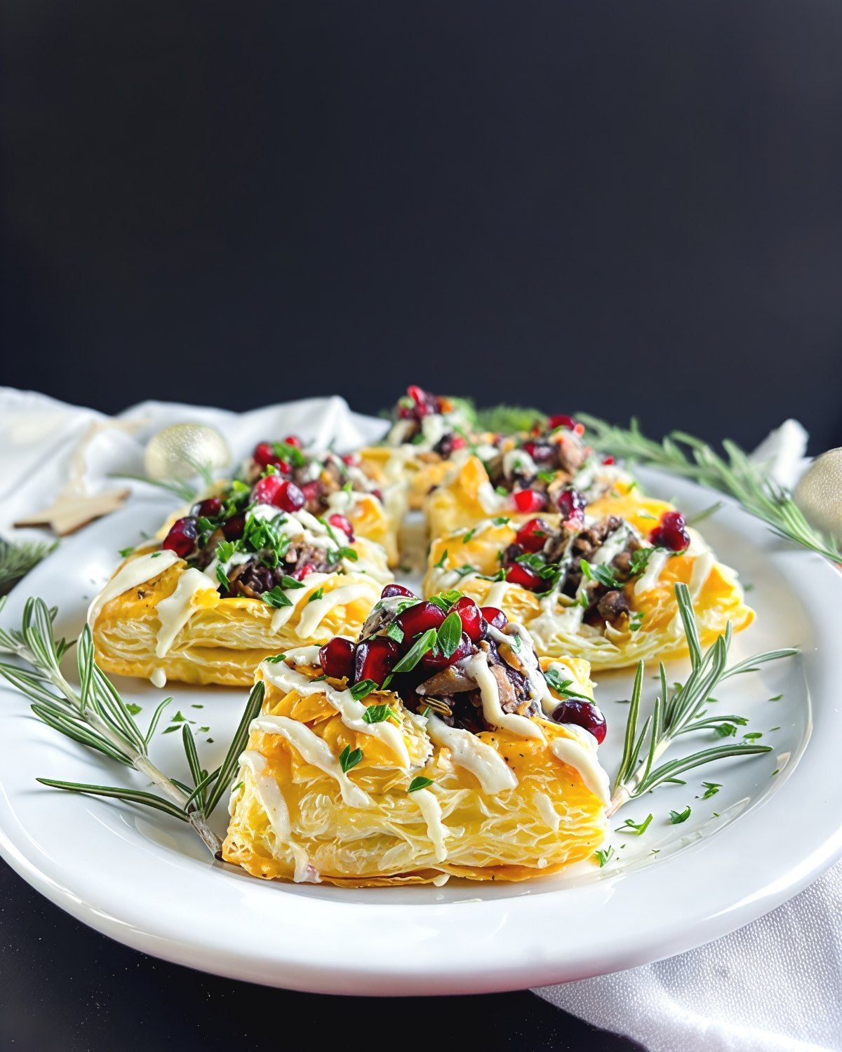 Flaky savory vegan puff pastry tarts garnished with pomegranate seeds and herbs, beautifully arranged as vegan Thanksgiving appetizers.