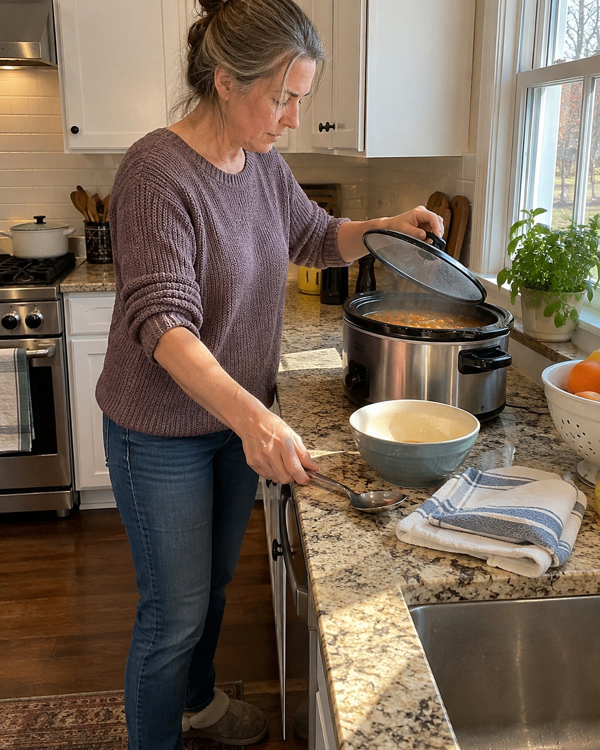 Early morning at a kitchen counter, a woman in her fifties alone lifts the lid of a slow cooker while reaching for a spoon, without looking at the camera.