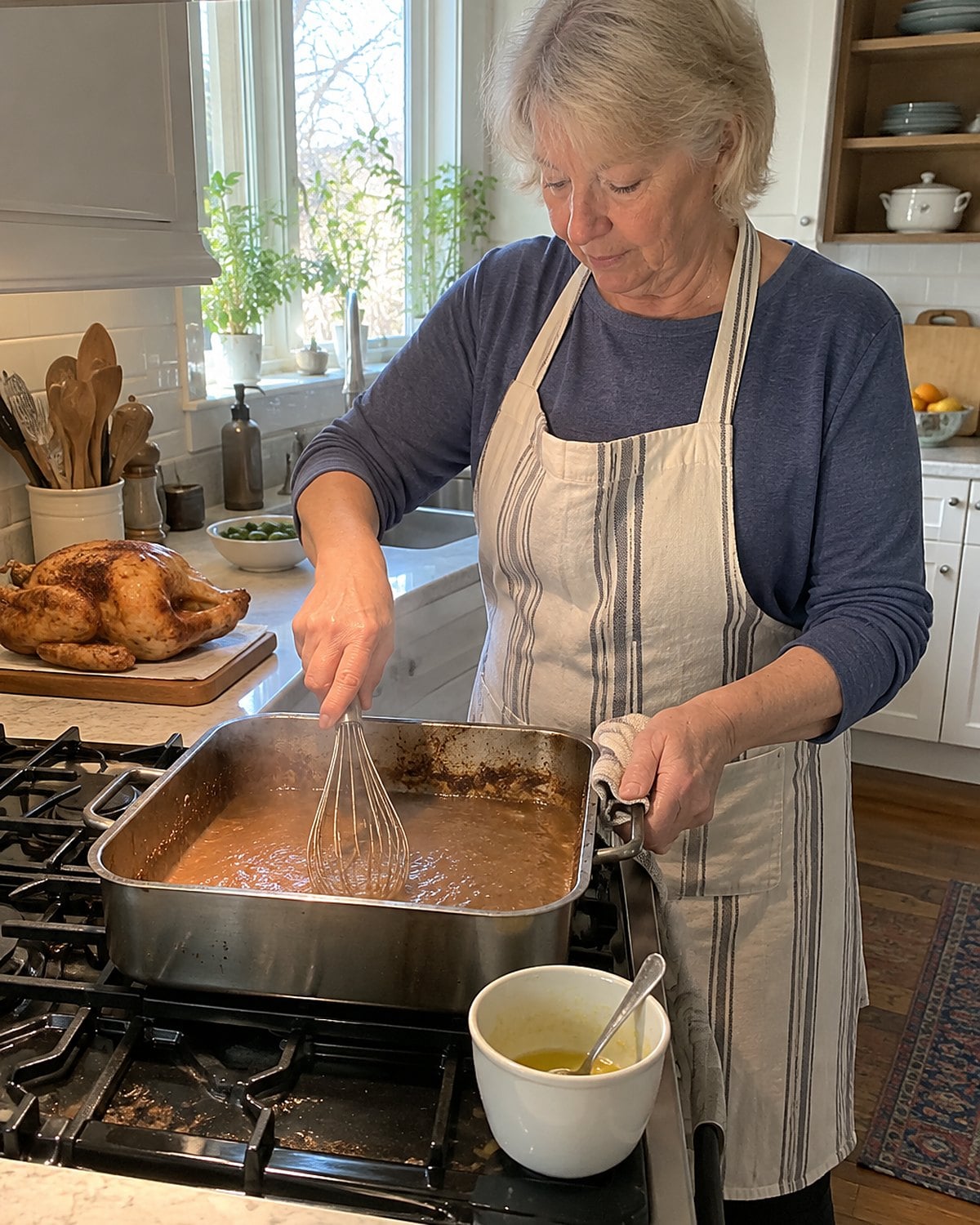 A hand whisks gravy in a roast pan while a spoonful of fat waits in a cup.