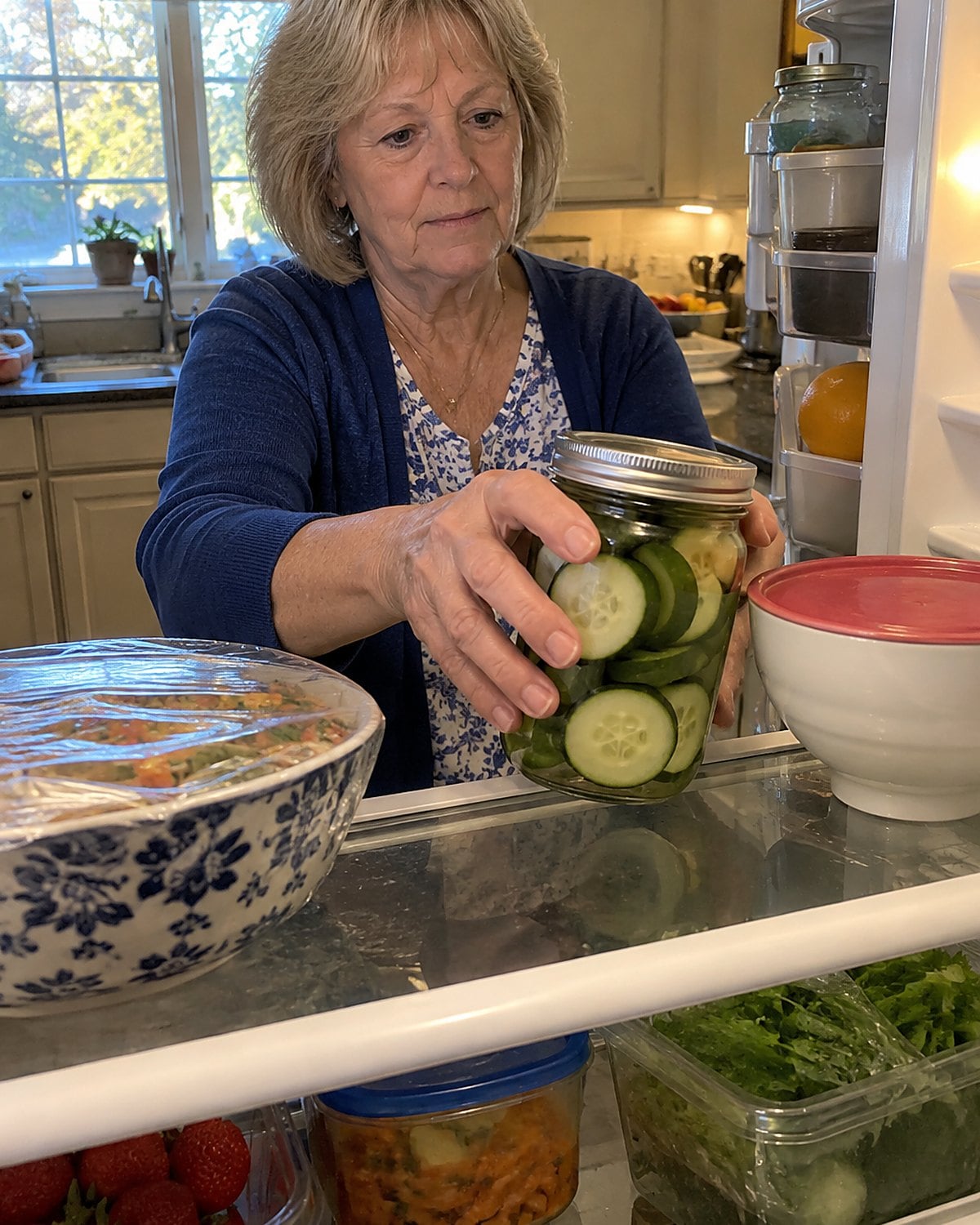 A hand slides a jar of cucumber slices onto a crowded refrigerator shelf.