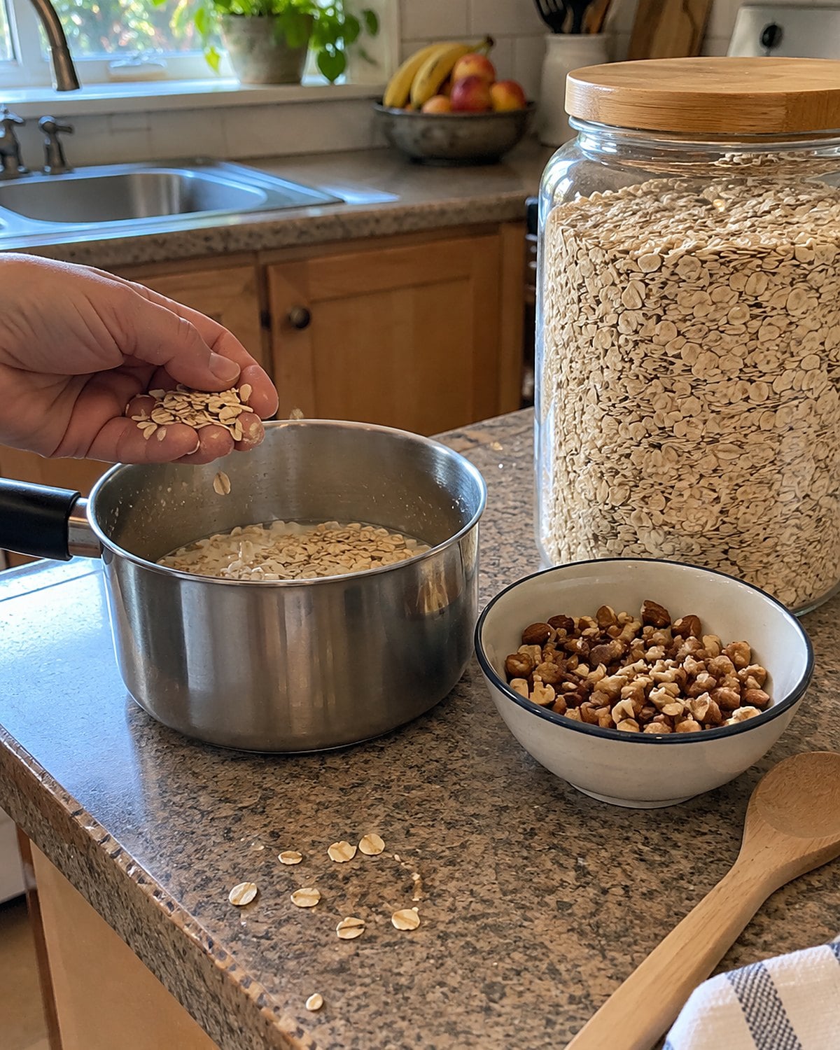 A large oat canister stands beside a small saucepan and a bowl of chopped nuts.