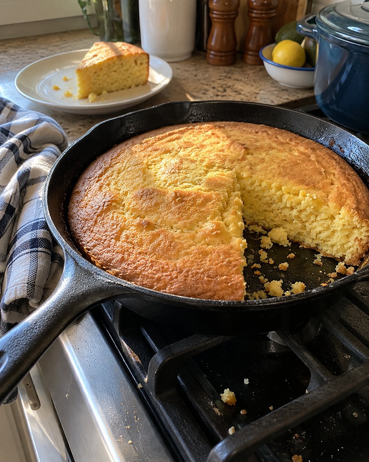 Cornbread with a rough cut edge rests in a cast-iron skillet on the stove.