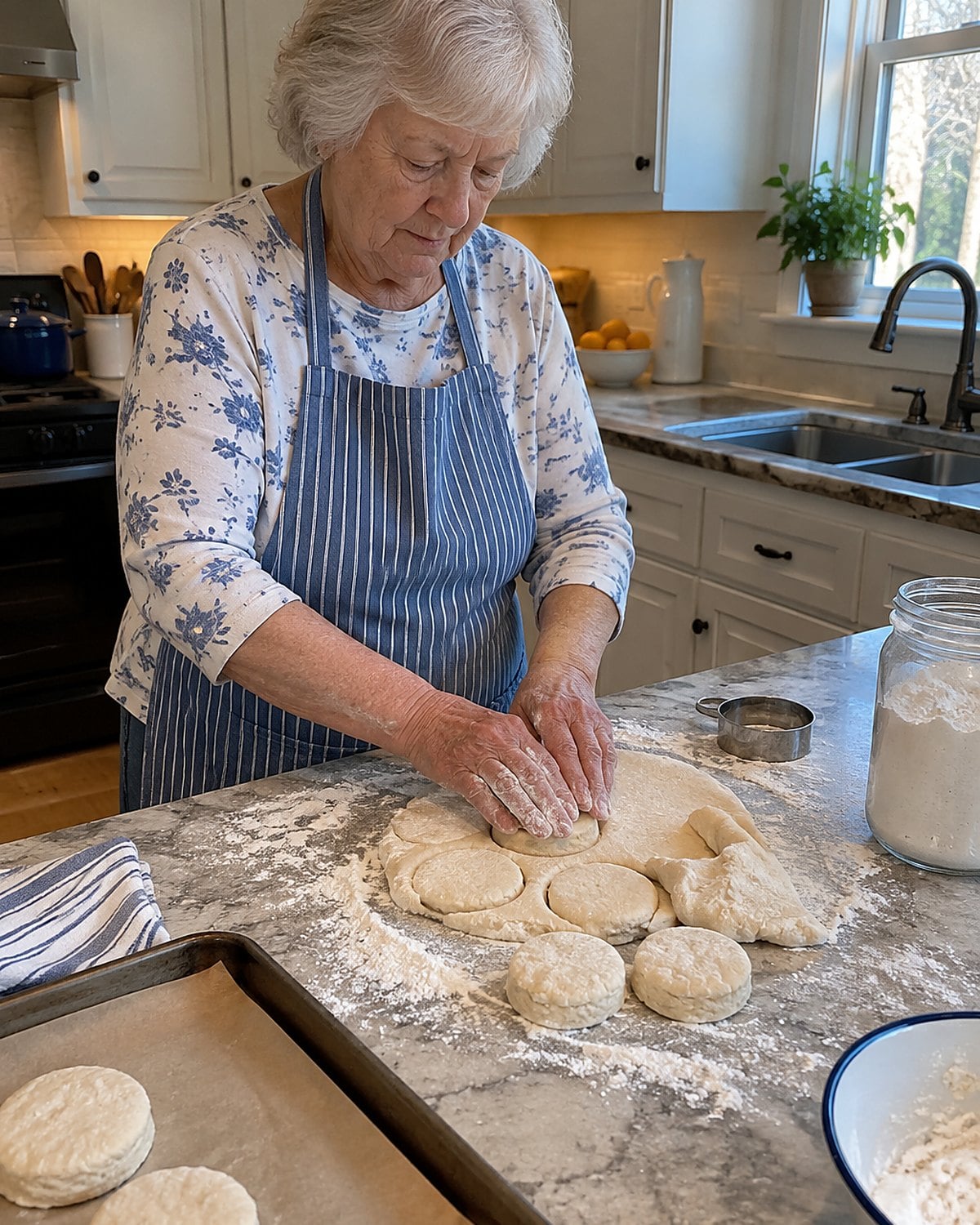 Floury hands press biscuit dough on a kitchen counter beside a round cutter.