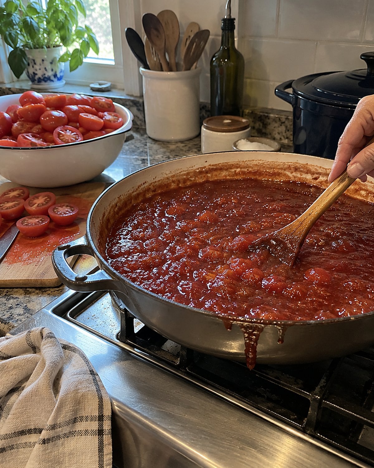 Split tomatoes sit beside a wide pan of thick red tomato jam on the stove.