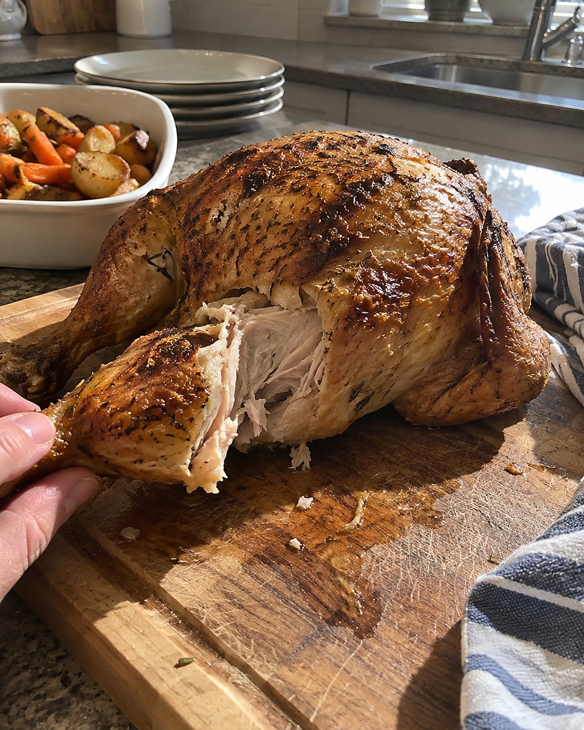 A roast chicken rests on a cutting board, its browned skin slightly torn where the leg was carved.